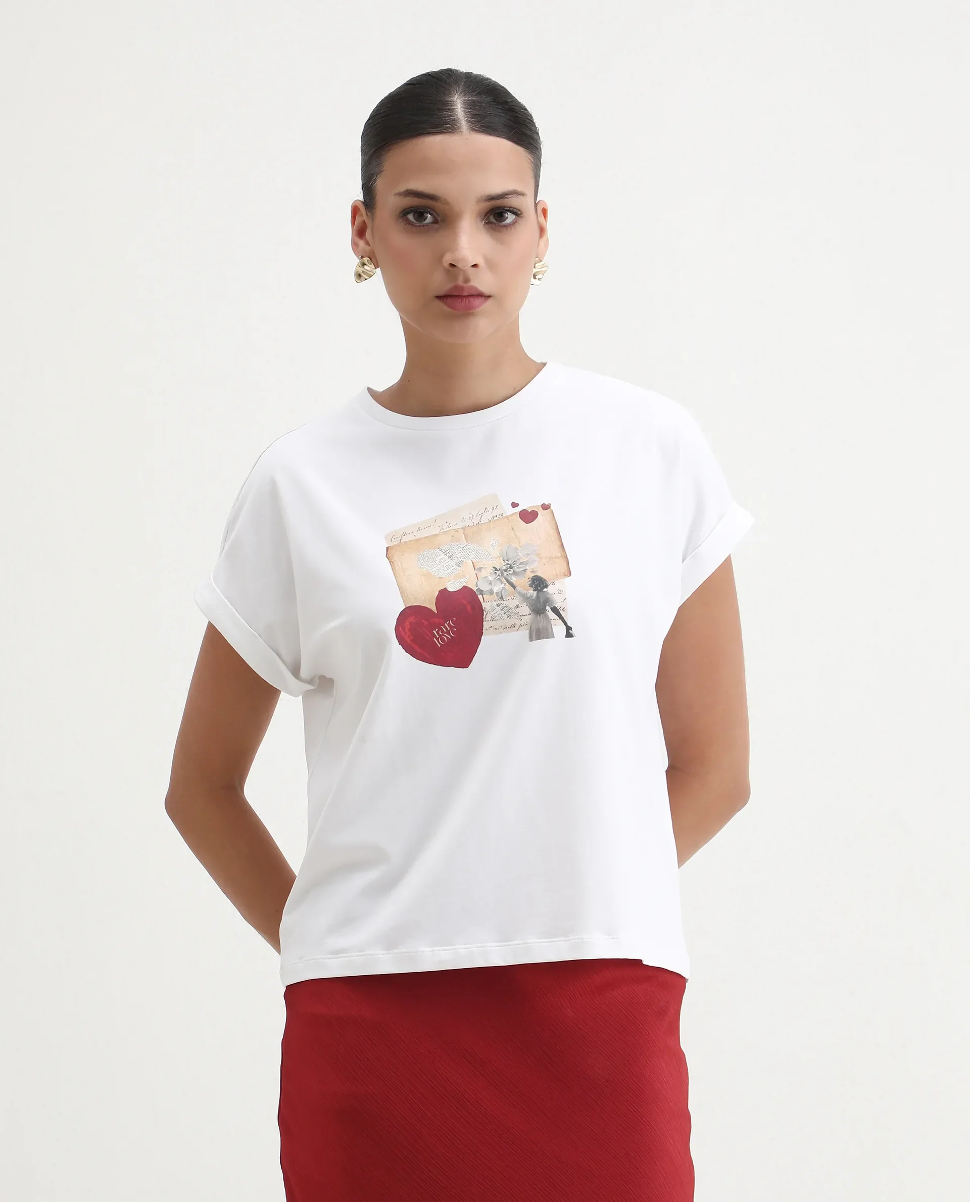 Rareism Women's Somker Off White Cotton Blend Crew Neck Graphic Print Extended Sleeves Regular Fit T-Shirt - Image 4