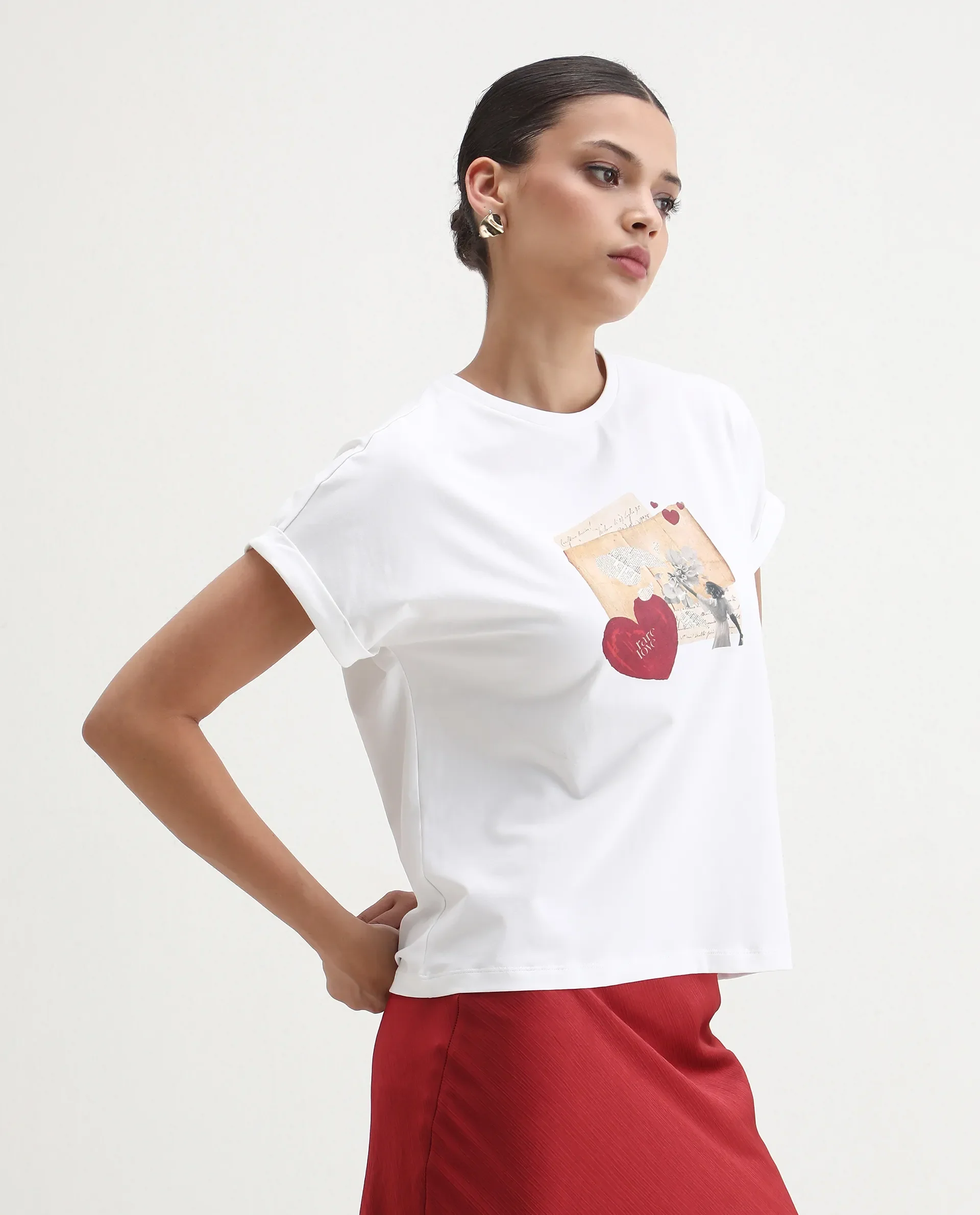 Rareism Women's Somker Off White Cotton Blend Crew Neck Graphic Print Extended Sleeves Regular Fit T-Shirt - Image 5