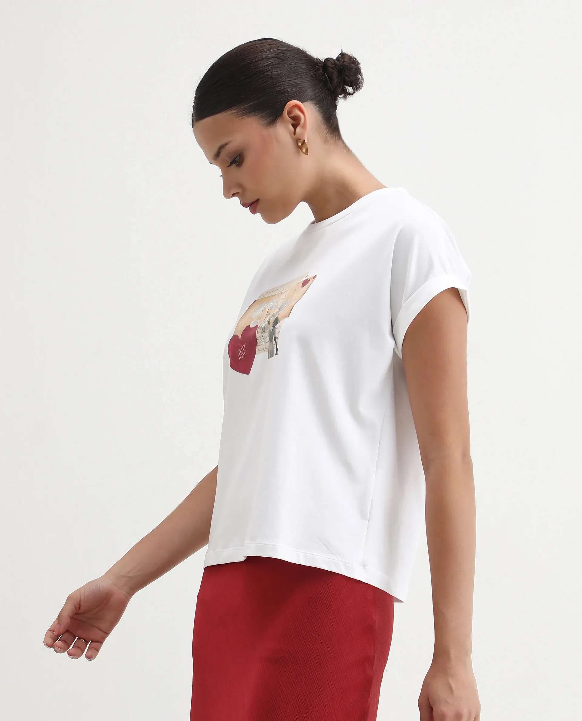 Rareism Women's Somker Off White Cotton Blend Crew Neck Graphic Print Extended Sleeves Regular Fit T-Shirt - Image 6