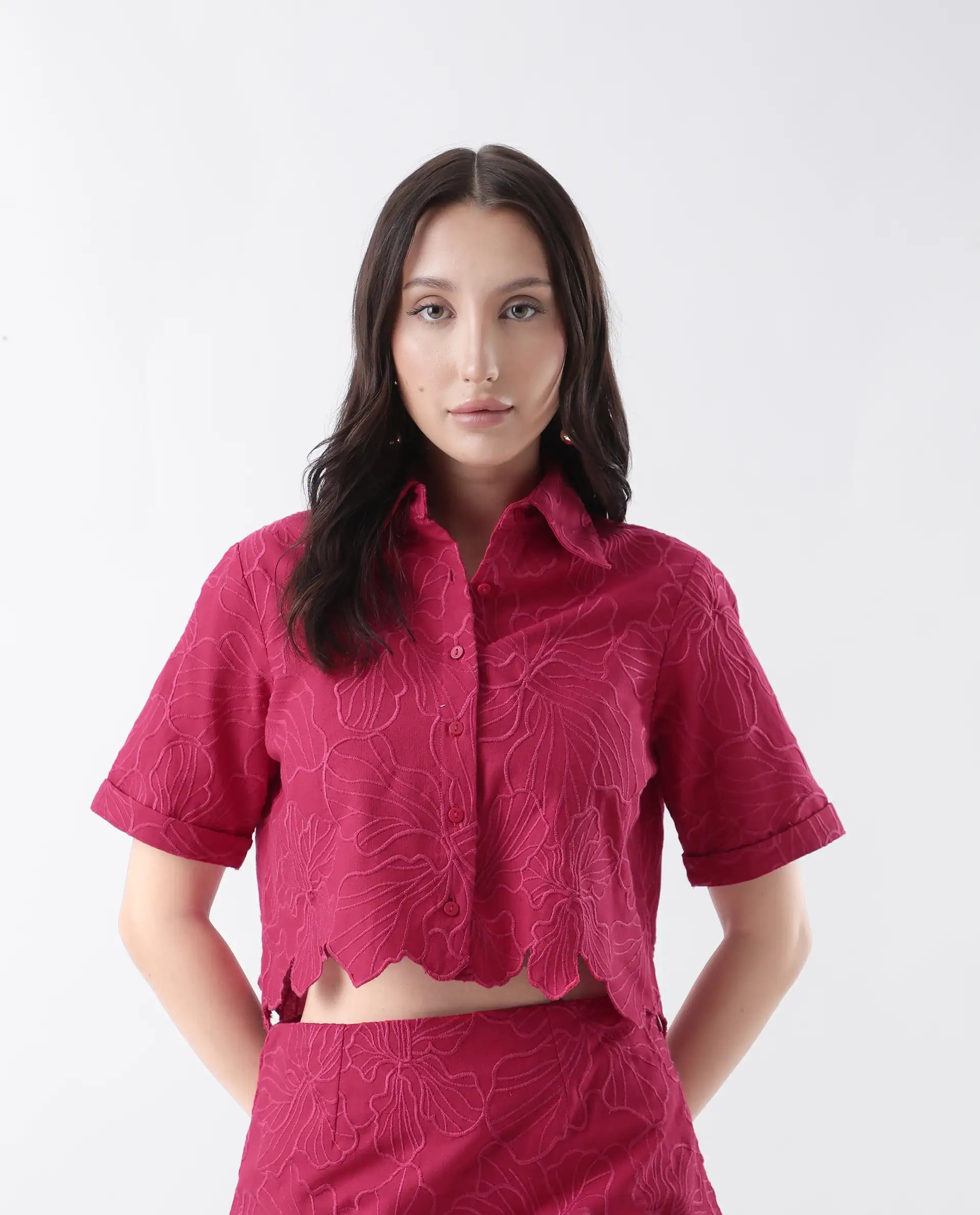 Rareism Women's Somkil-T Pink Cotton Collared Embroidered Crop Regular Fit Shirt - Image 2