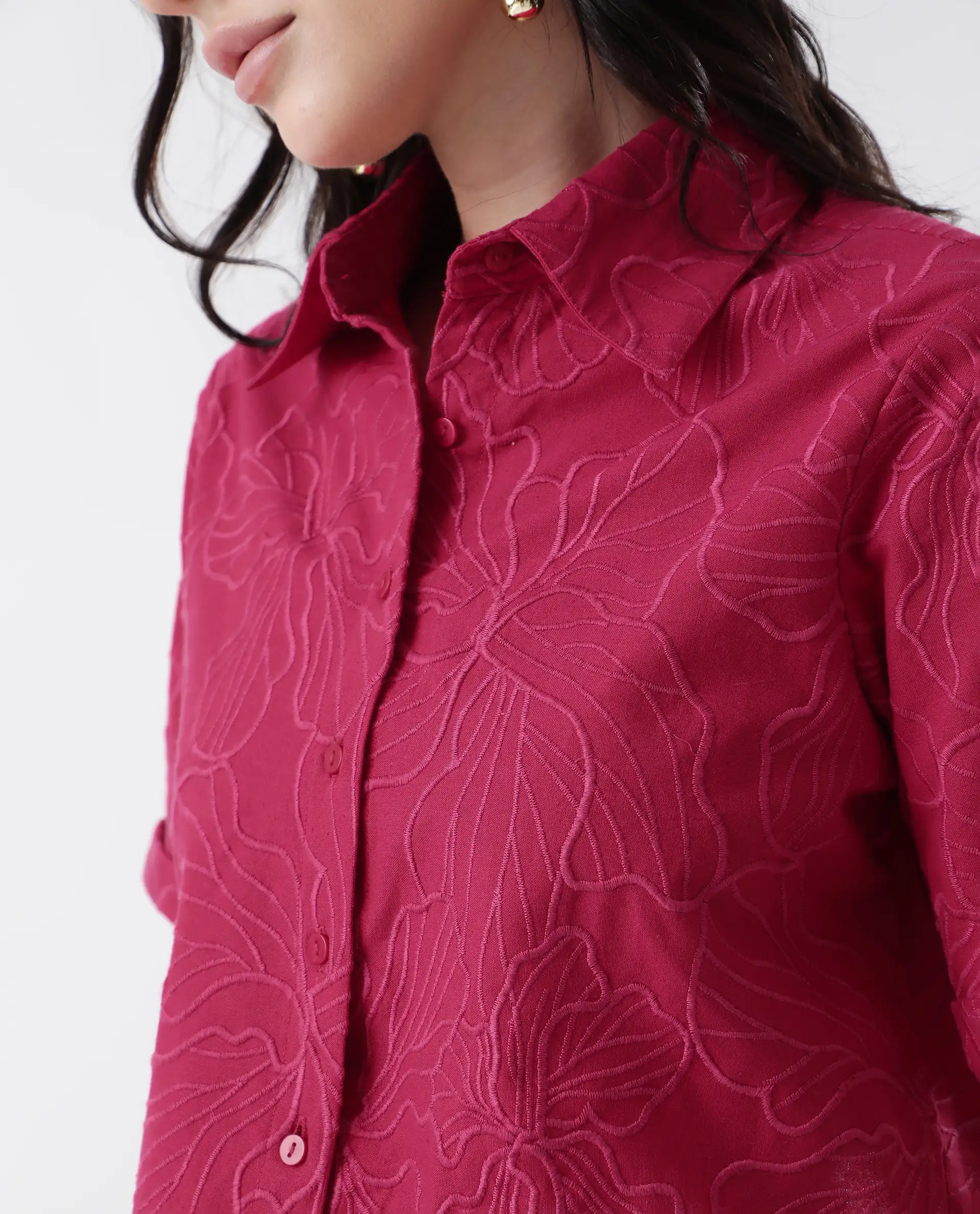 Rareism Women's Somkil-T Pink Cotton Collared Embroidered Crop Regular Fit Shirt - Image 3