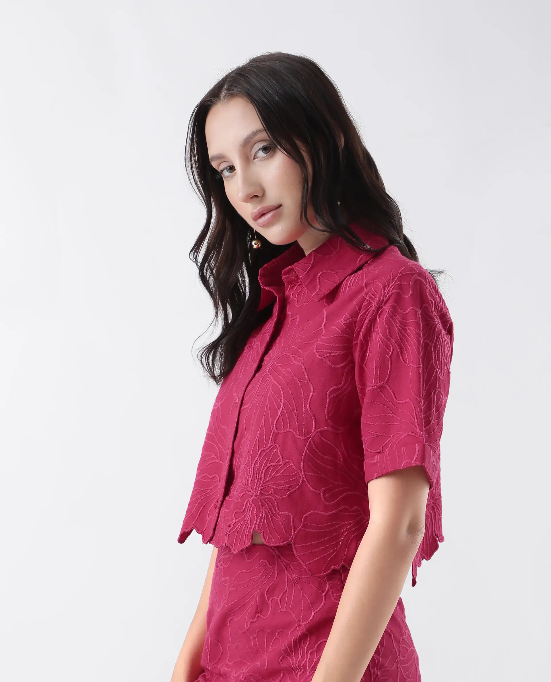 Rareism Women's Somkil-T Pink Cotton Collared Embroidered Crop Regular Fit Shirt - Image 5