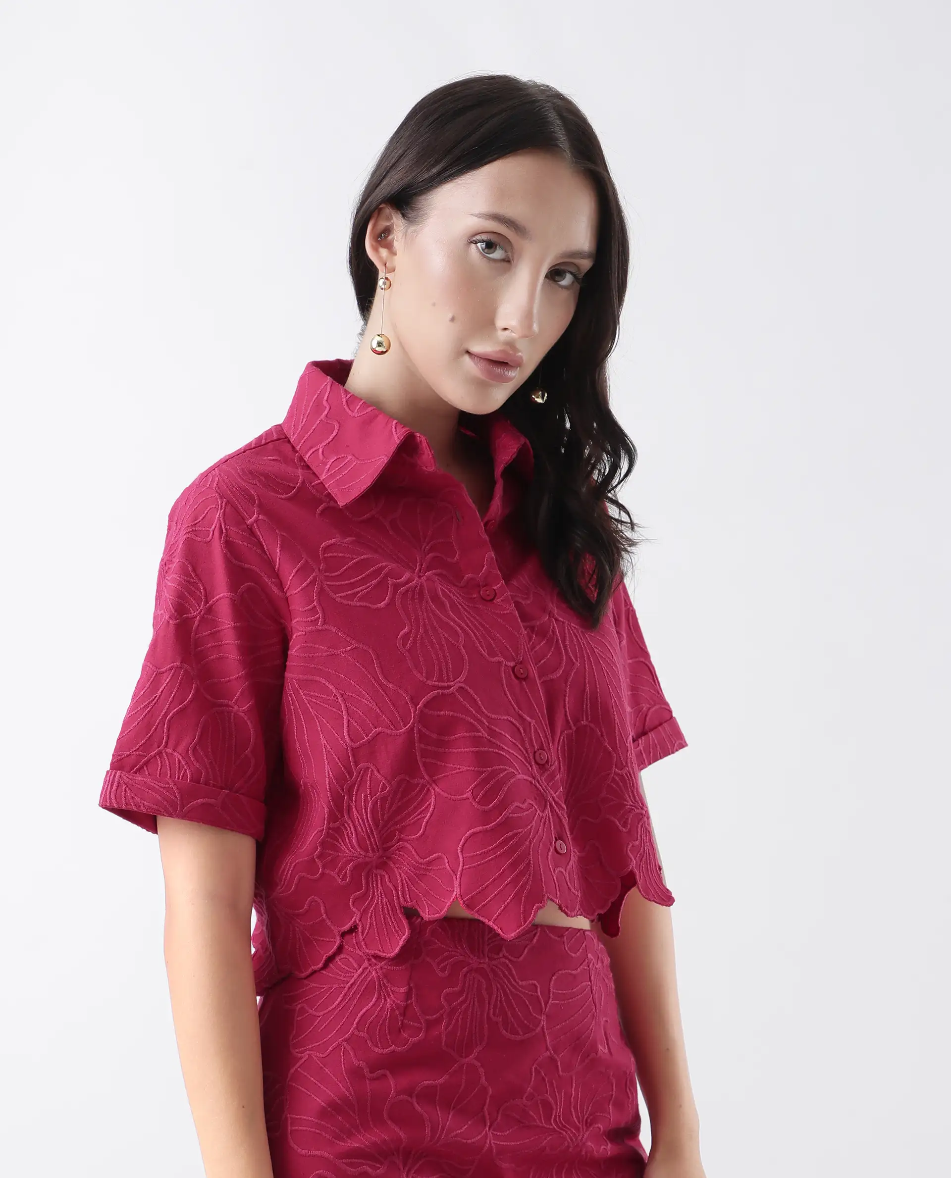 Rareism Women's Somkil-T Pink Cotton Collared Embroidered Crop Regular Fit Shirt - Image 6