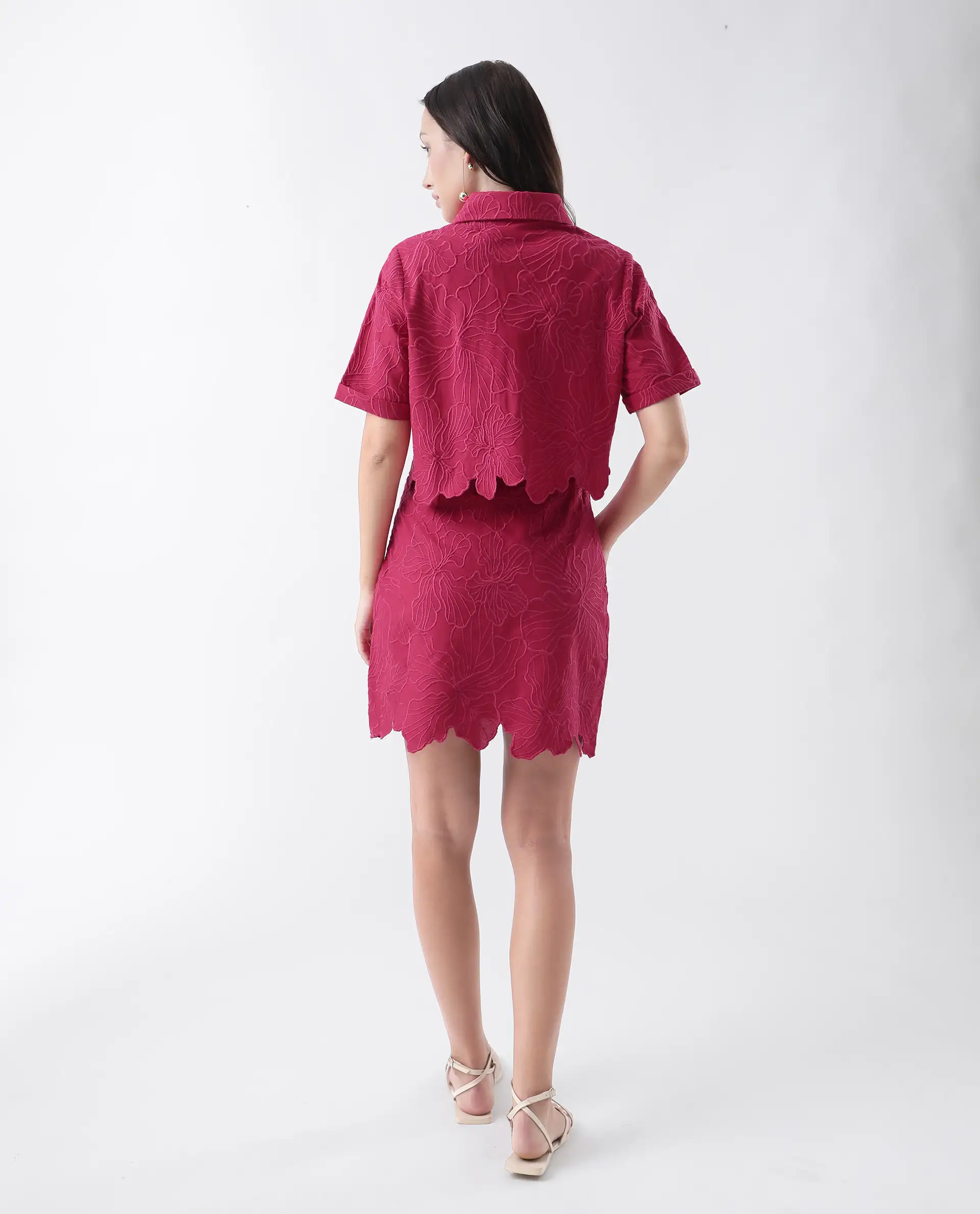 Rareism Women's Somkil-T Pink Cotton Collared Embroidered Crop Regular Fit Shirt - Image 8