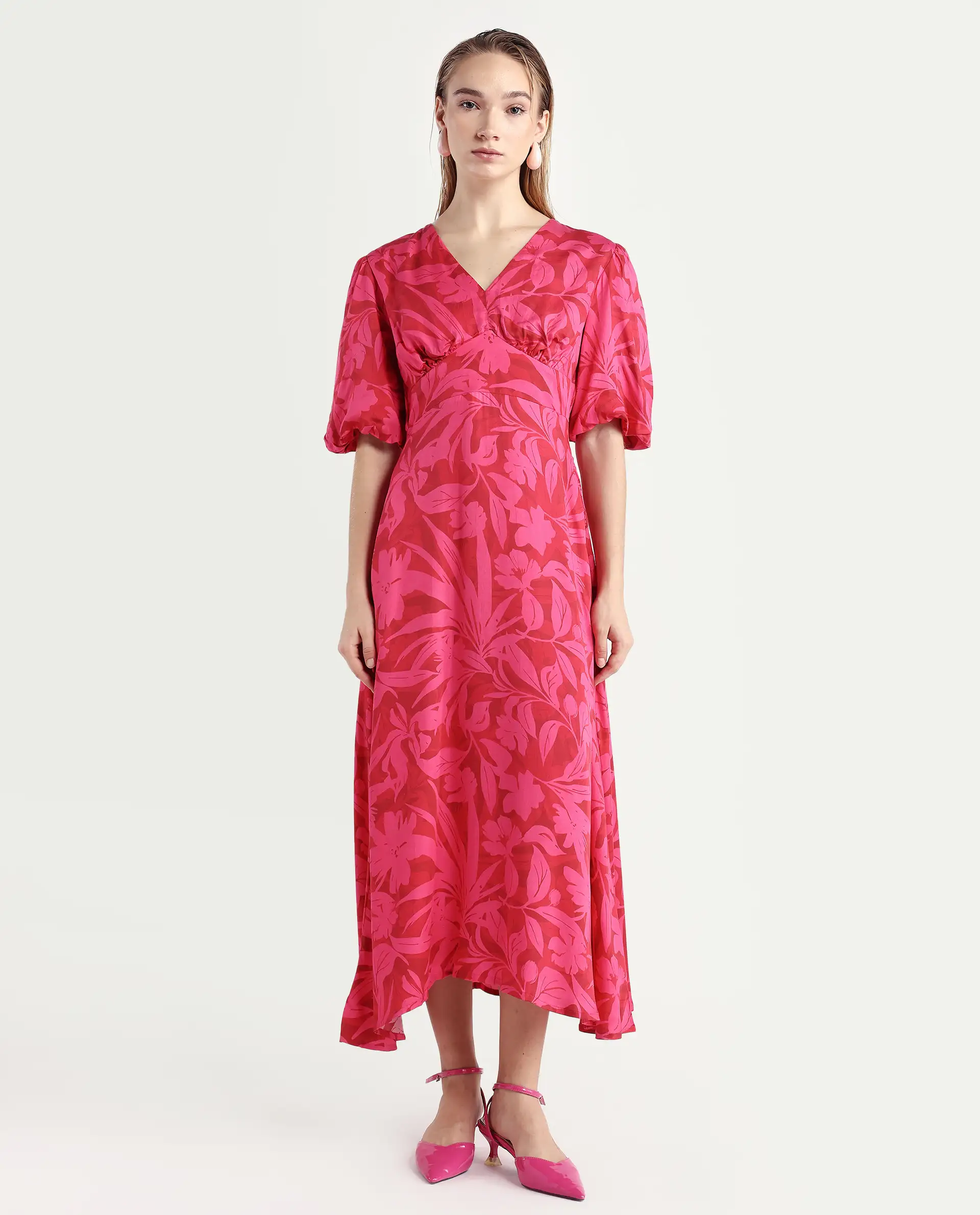 Rareism Women's Somkin Pink Modal V-Neck Floral Print Balloon Sleeve Midi A-Line Dress - Image 3