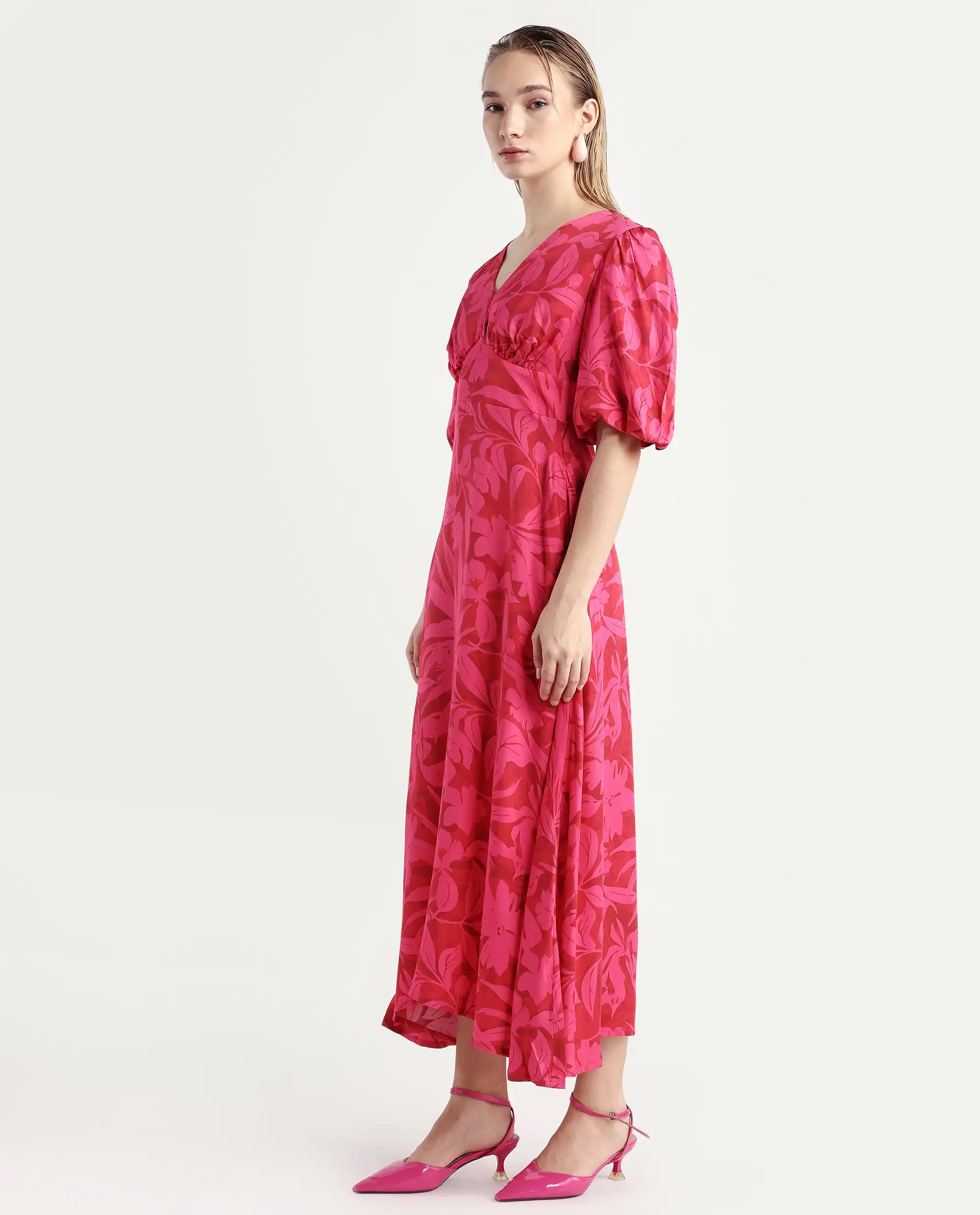 Rareism Women's Somkin Pink Modal V-Neck Floral Print Balloon Sleeve Midi A-Line Dress - Image 5