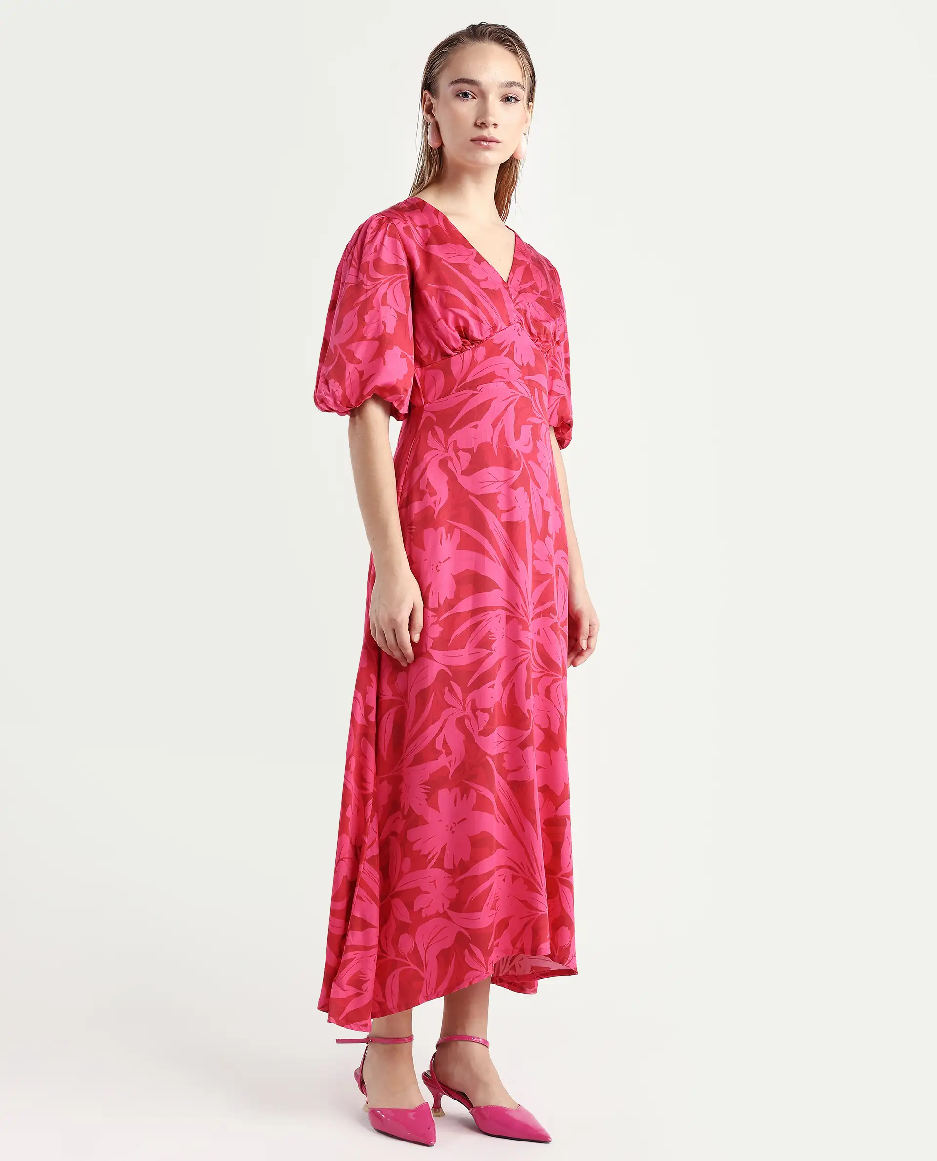 Rareism Women's Somkin Pink Modal V-Neck Floral Print Balloon Sleeve Midi A-Line Dress - Image 6