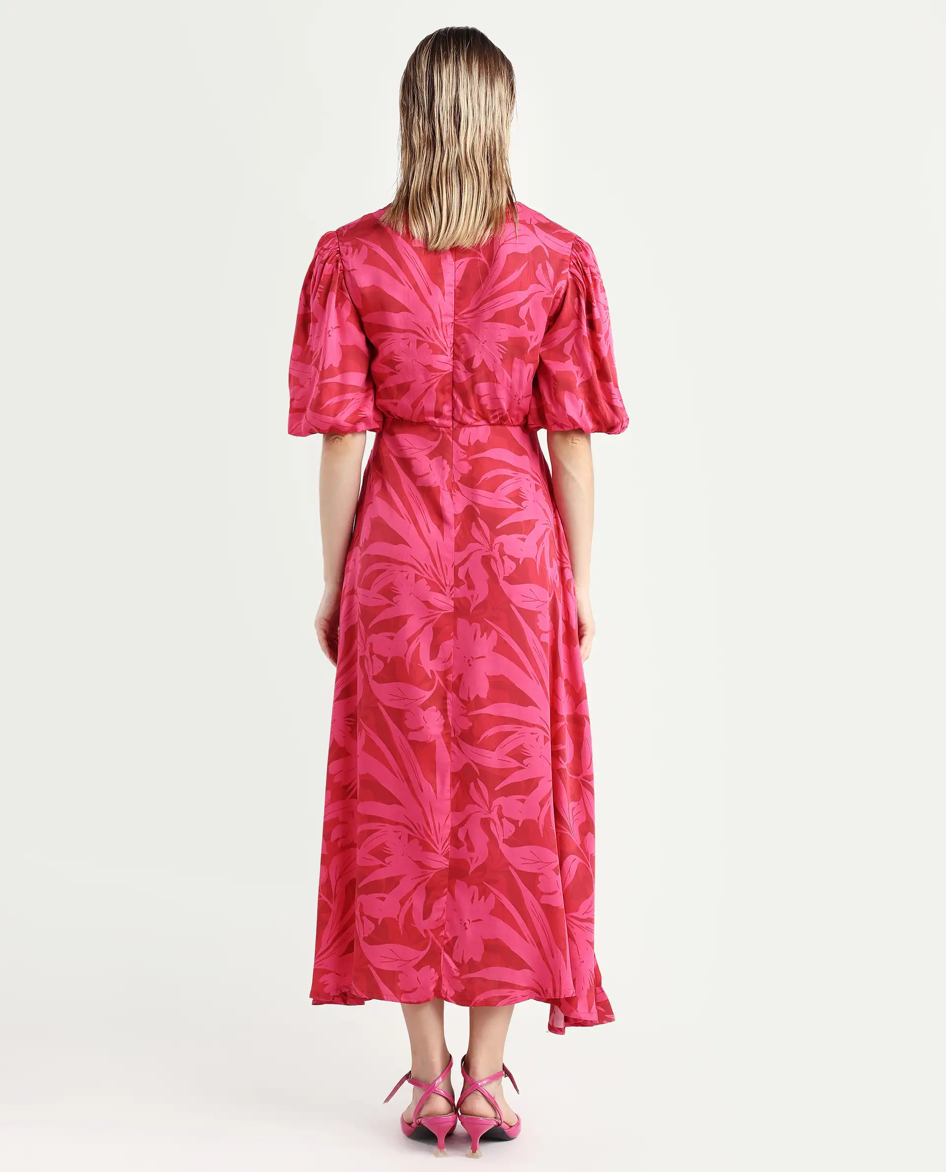 Rareism Women's Somkin Pink Modal V-Neck Floral Print Balloon Sleeve Midi A-Line Dress - Image 7