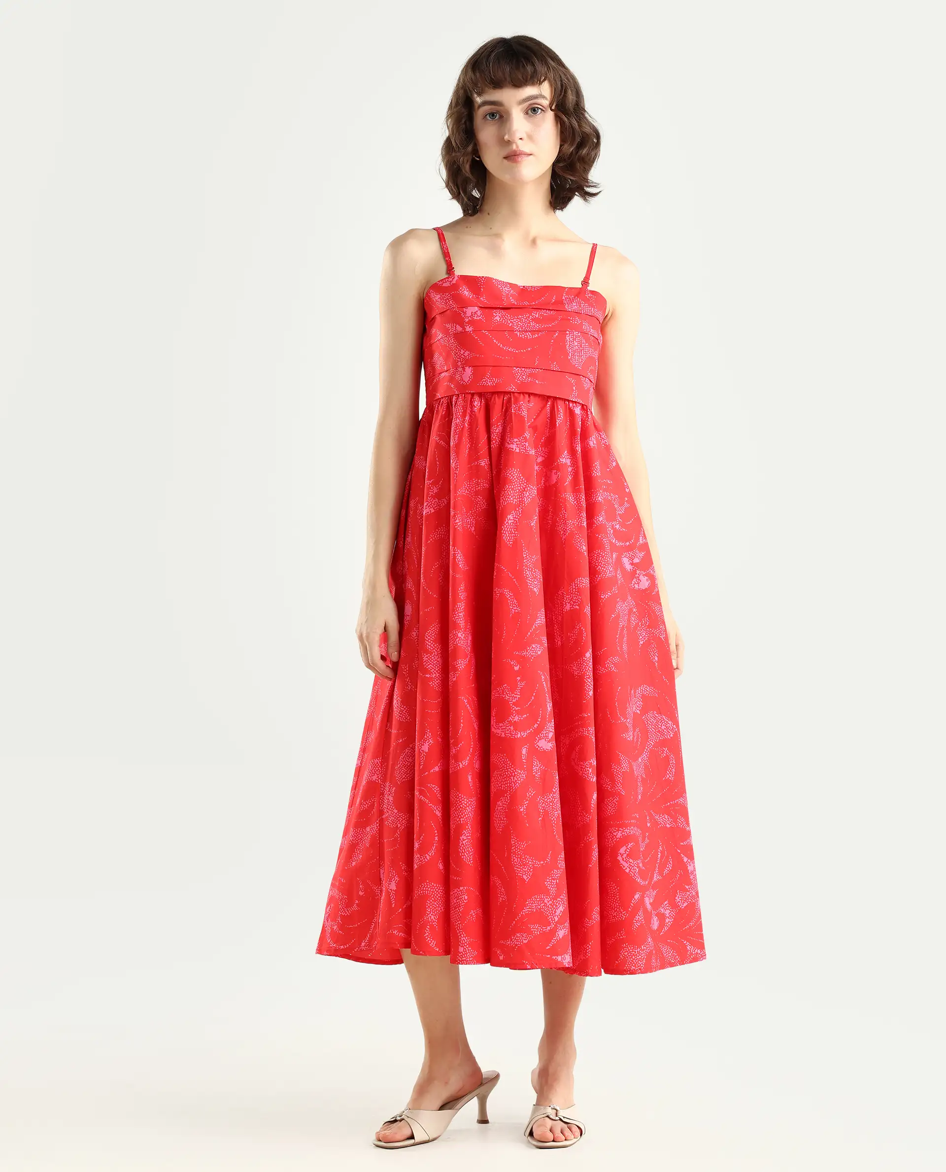 Rareism Women's Somkir Red Cotton Tube Neck Abstract Print Sleeveless Midi Fit And Flare Dress