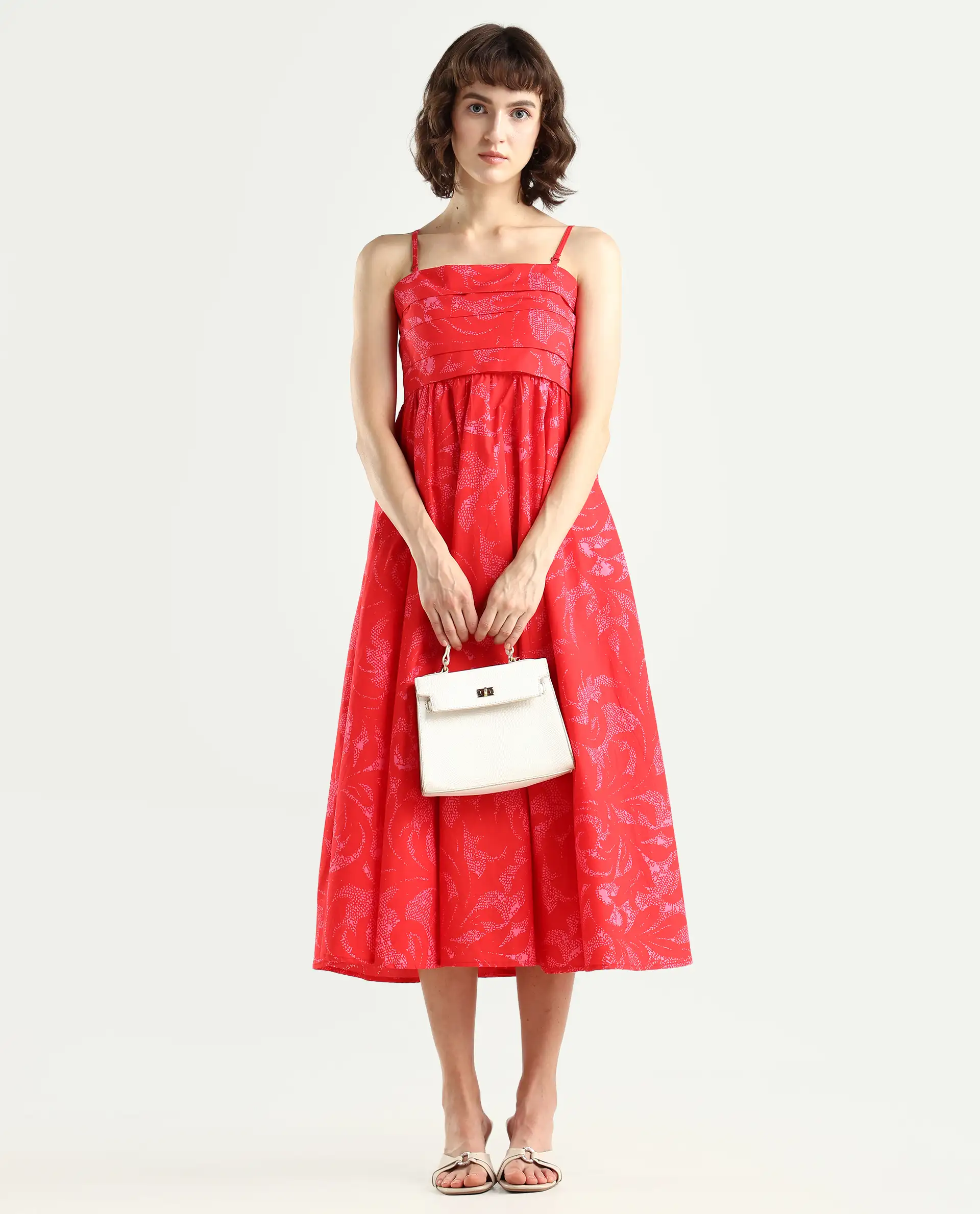 Rareism Women's Somkir Red Cotton Tube Neck Abstract Print Sleeveless Midi Fit And Flare Dress - Image 2