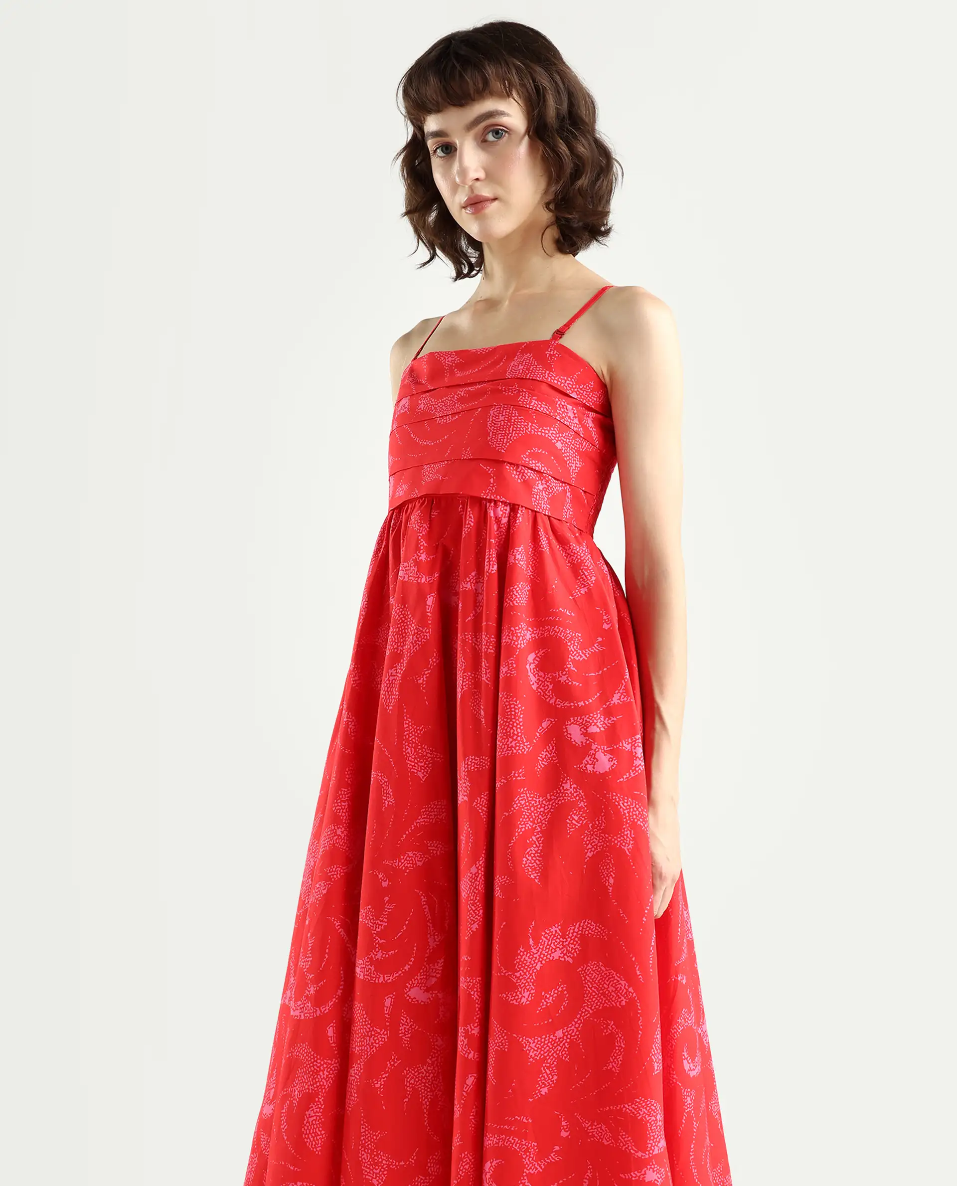 Rareism Women's Somkir Red Cotton Tube Neck Abstract Print Sleeveless Midi Fit And Flare Dress - Image 3