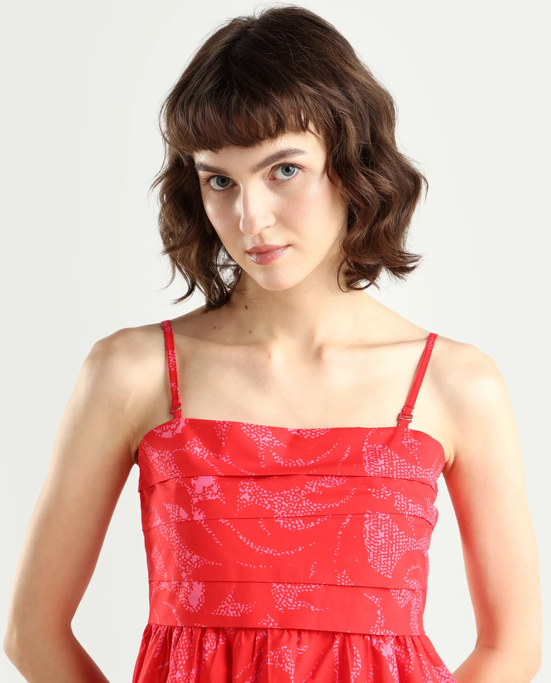 Rareism Women's Somkir Red Cotton Tube Neck Abstract Print Sleeveless Midi Fit And Flare Dress - Image 4