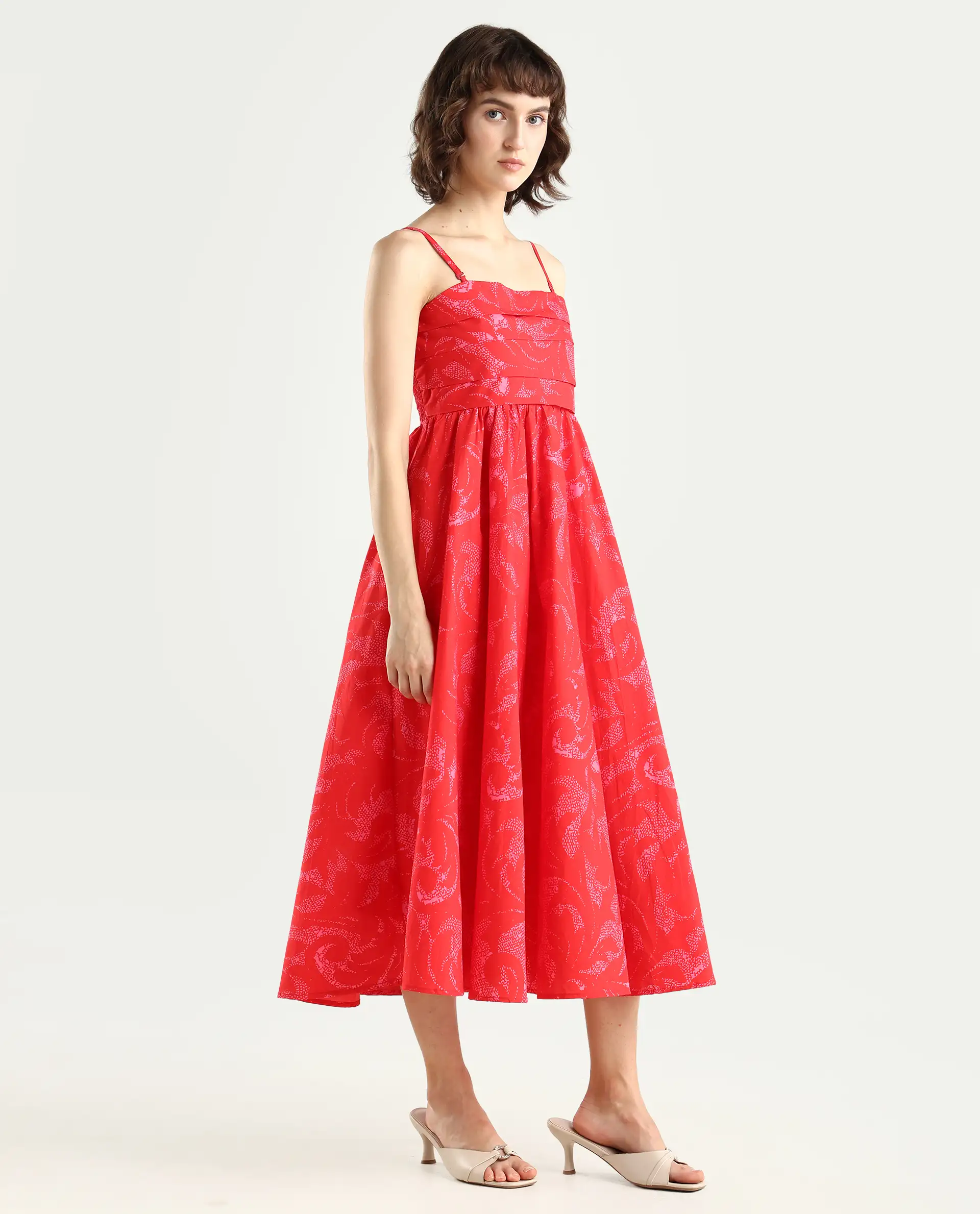 Rareism Women's Somkir Red Cotton Tube Neck Abstract Print Sleeveless Midi Fit And Flare Dress - Image 5
