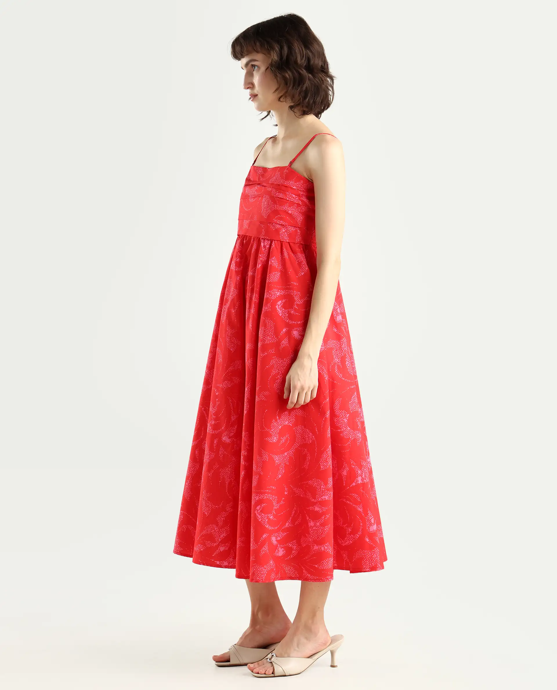 Rareism Women's Somkir Red Cotton Tube Neck Abstract Print Sleeveless Midi Fit And Flare Dress - Image 6