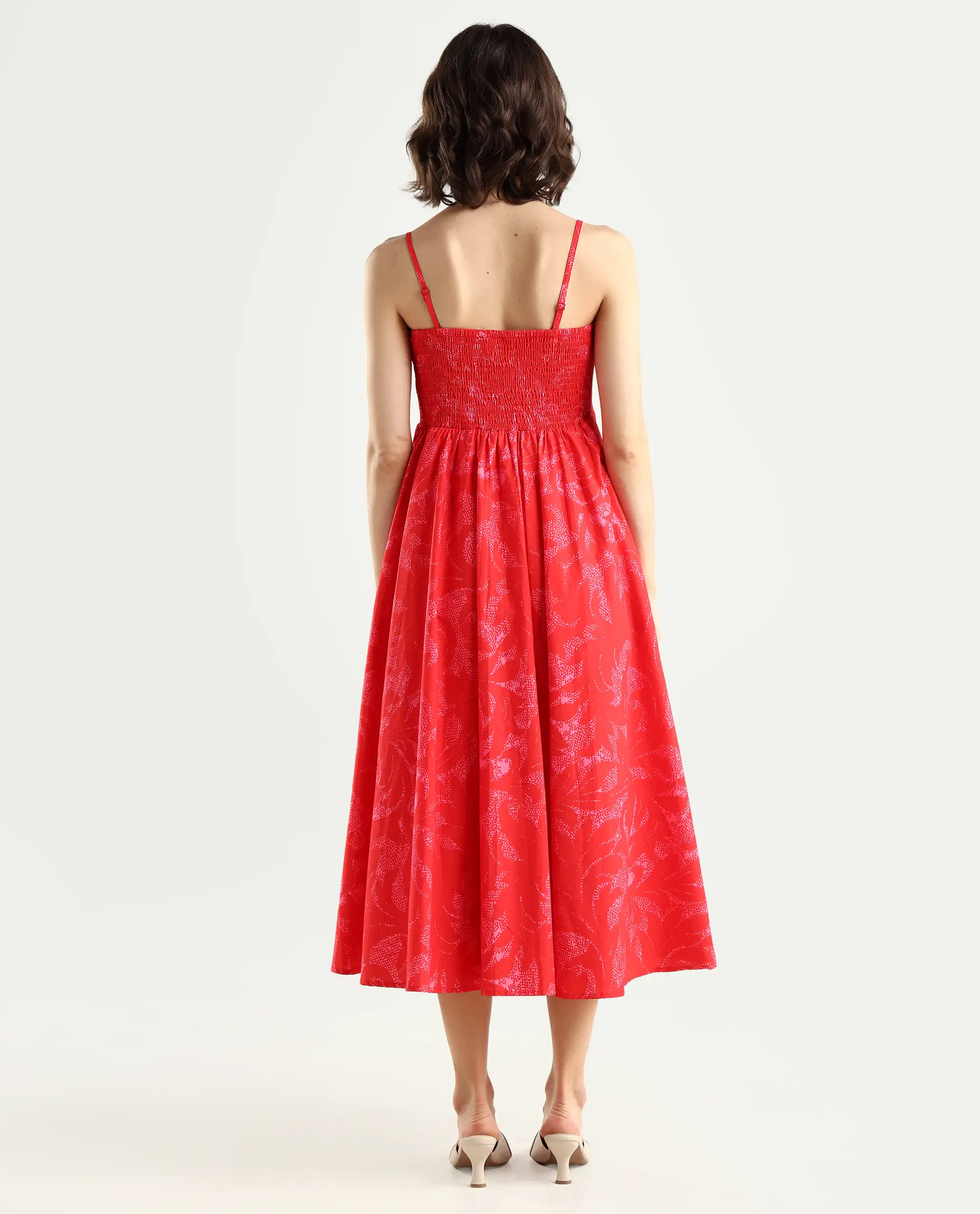 Rareism Women's Somkir Red Cotton Tube Neck Abstract Print Sleeveless Midi Fit And Flare Dress - Image 7