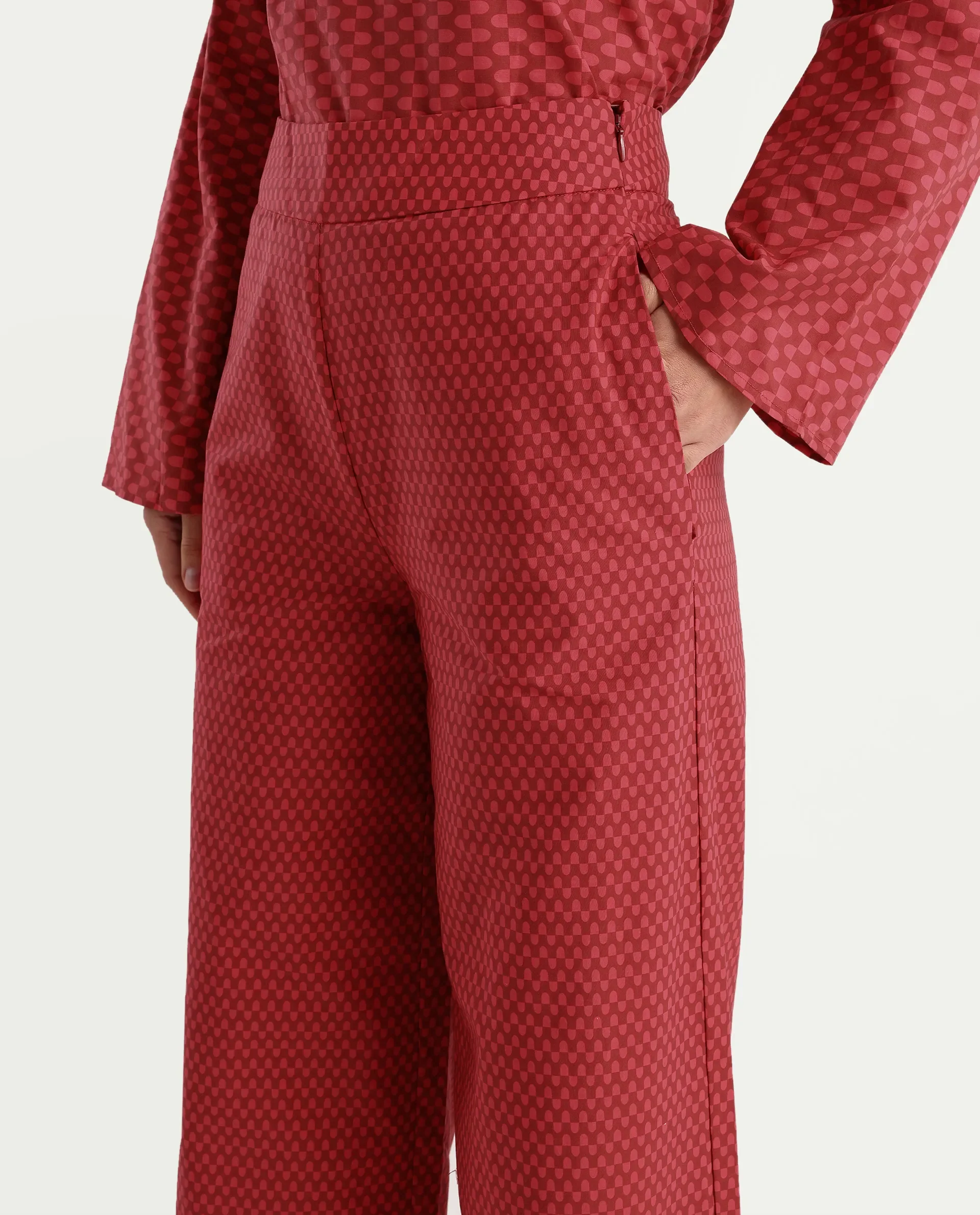 Rareism Women's Somkyu B Red Cotton Geometric Print Ankle Length Wide Trouser - Image 2