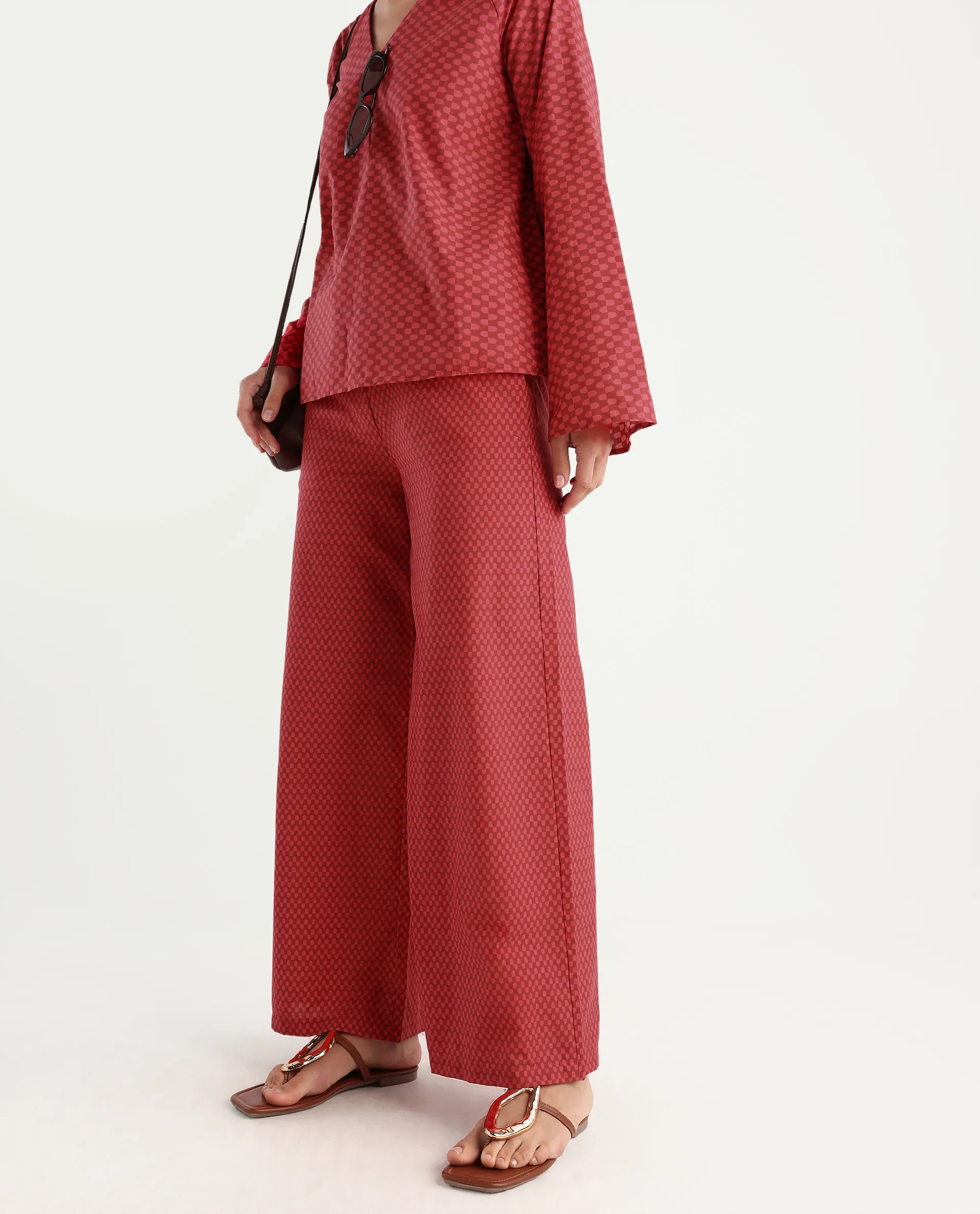 Rareism Women's Somkyu B Red Cotton Geometric Print Ankle Length Wide Trouser - Image 3