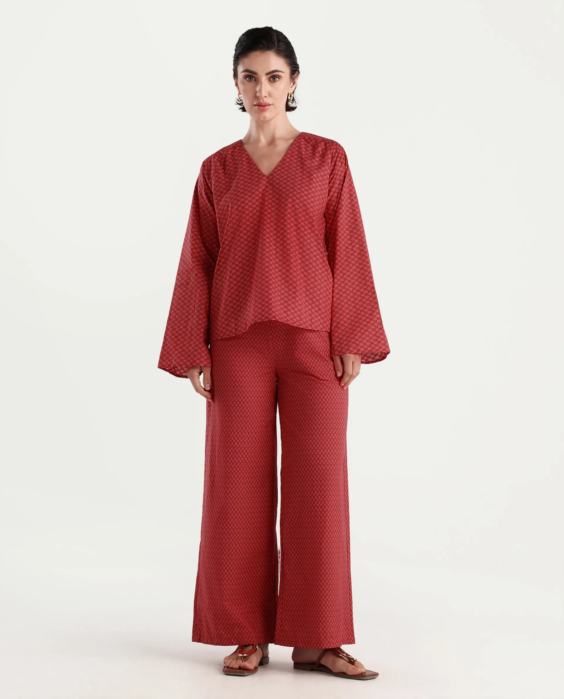 Rareism Women's Somkyu B Red Cotton Geometric Print Ankle Length Wide Trouser - Image 4