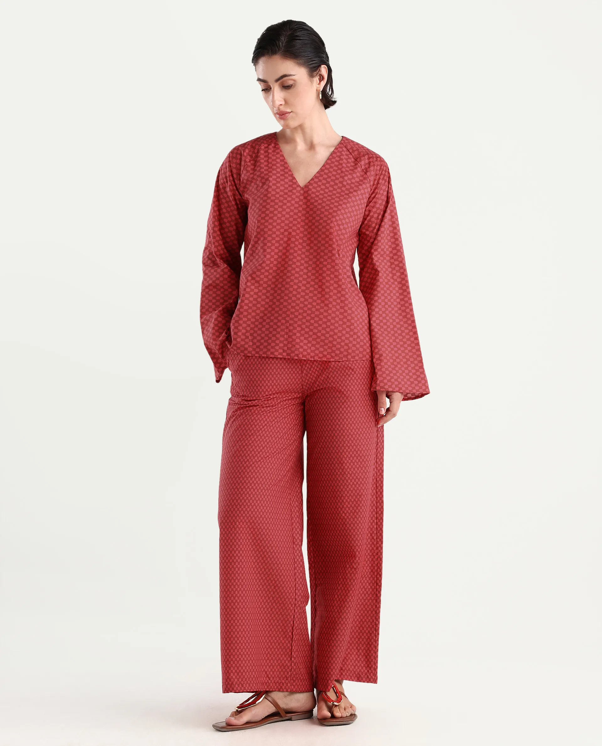 Rareism Women's Somkyu B Red Cotton Geometric Print Ankle Length Wide Trouser - Image 5