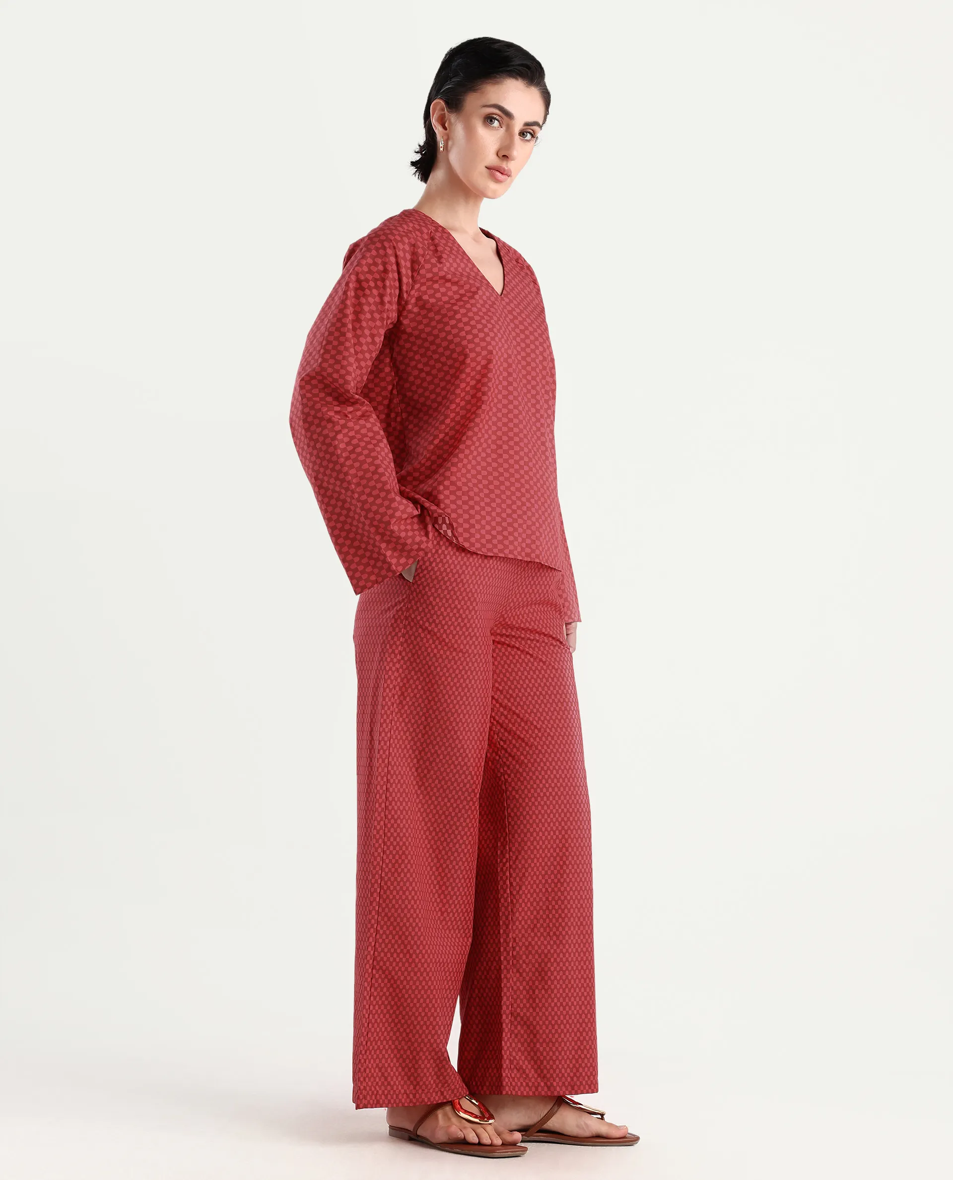 Rareism Women's Somkyu B Red Cotton Geometric Print Ankle Length Wide Trouser - Image 6