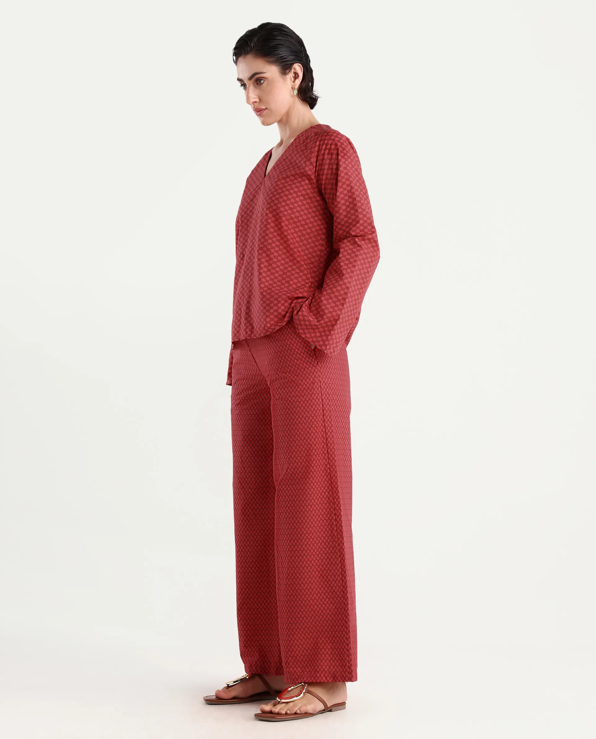 Rareism Women's Somkyu B Red Cotton Geometric Print Ankle Length Wide Trouser - Image 7