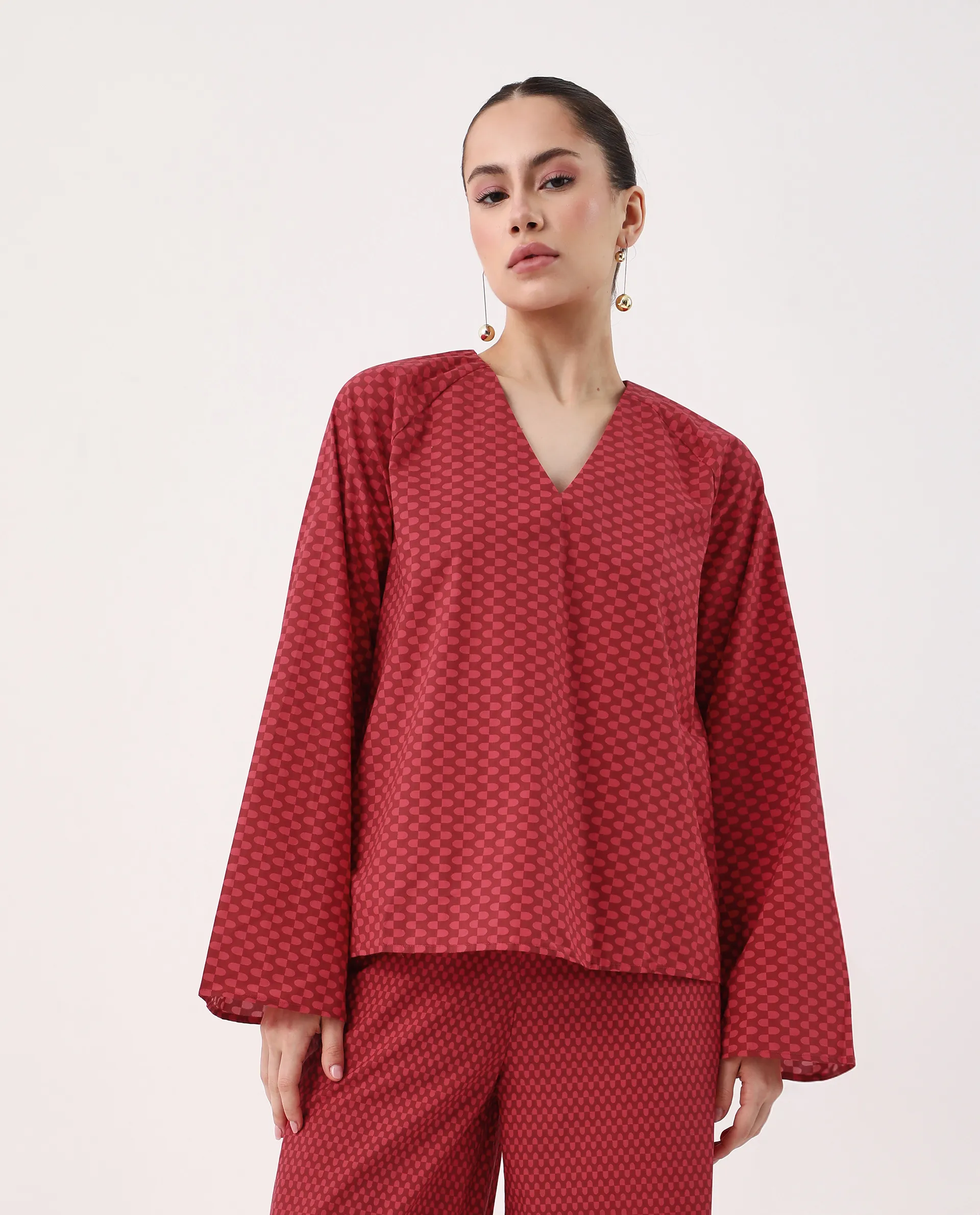 Rareism Women's Somkyu T Red Cotton Round Neck Geometric Print Raglan Sleeve Regular Fit Top - Image 2