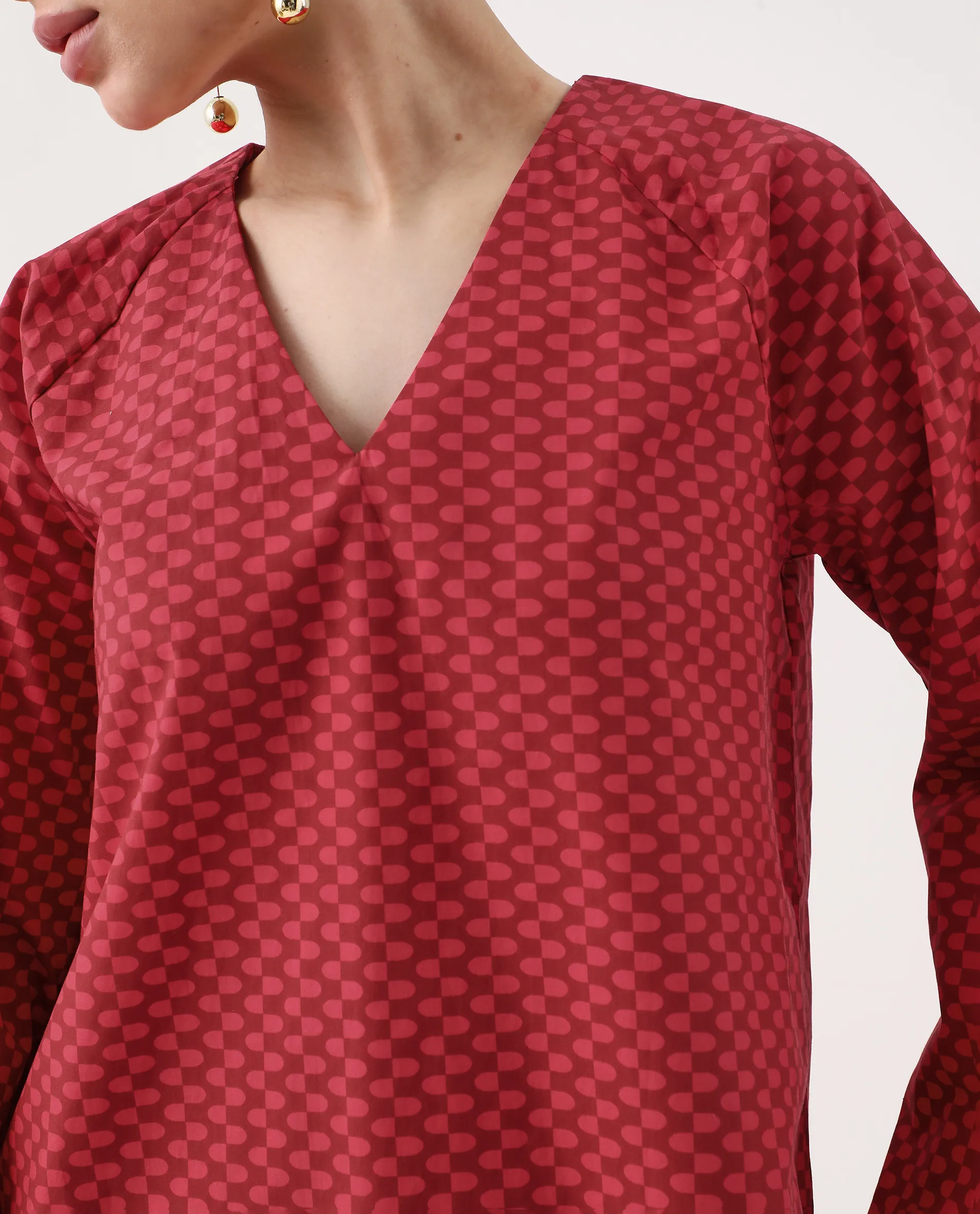 Rareism Women's Somkyu T Red Cotton Round Neck Geometric Print Raglan Sleeve Regular Fit Top - Image 3