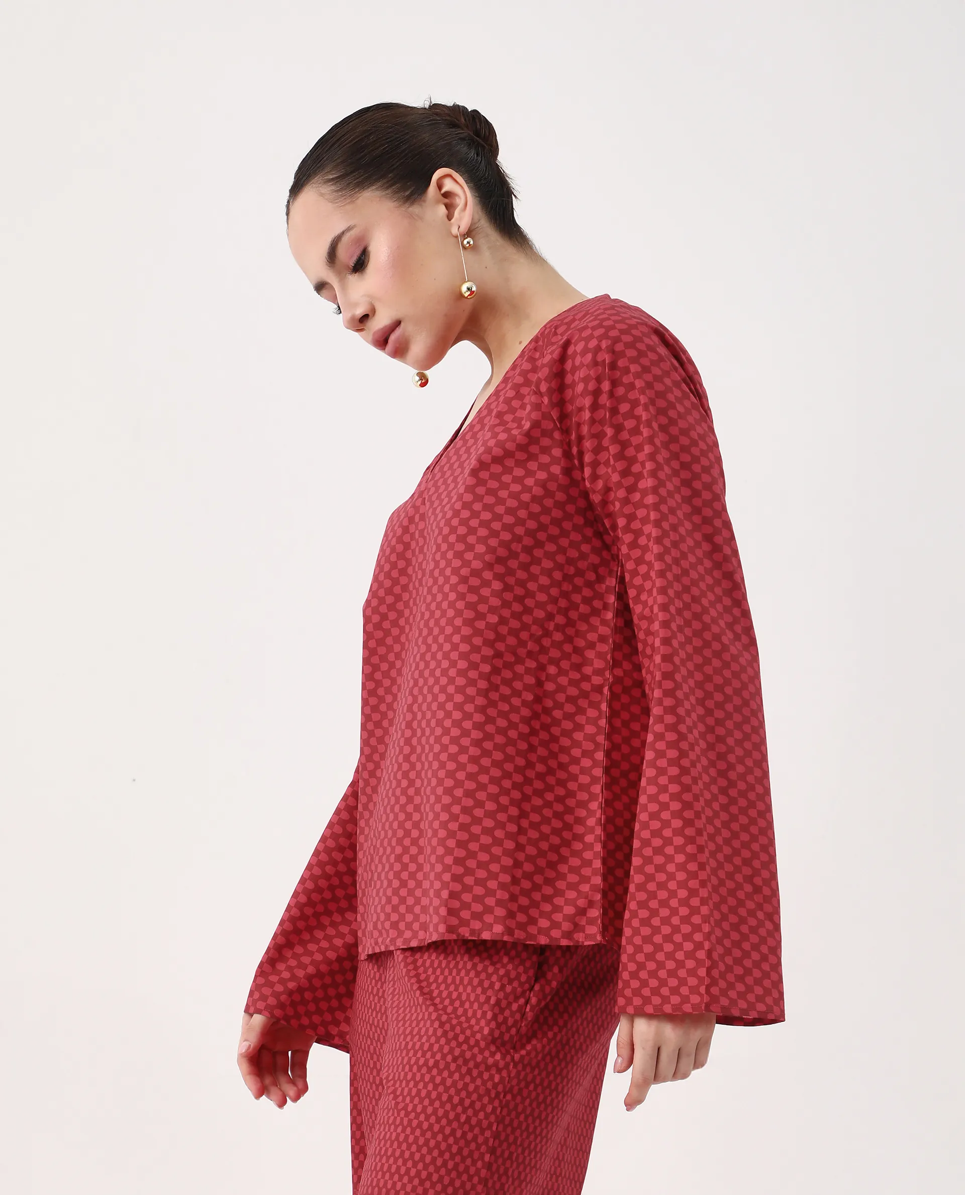 Rareism Women's Somkyu T Red Cotton Round Neck Geometric Print Raglan Sleeve Regular Fit Top - Image 4