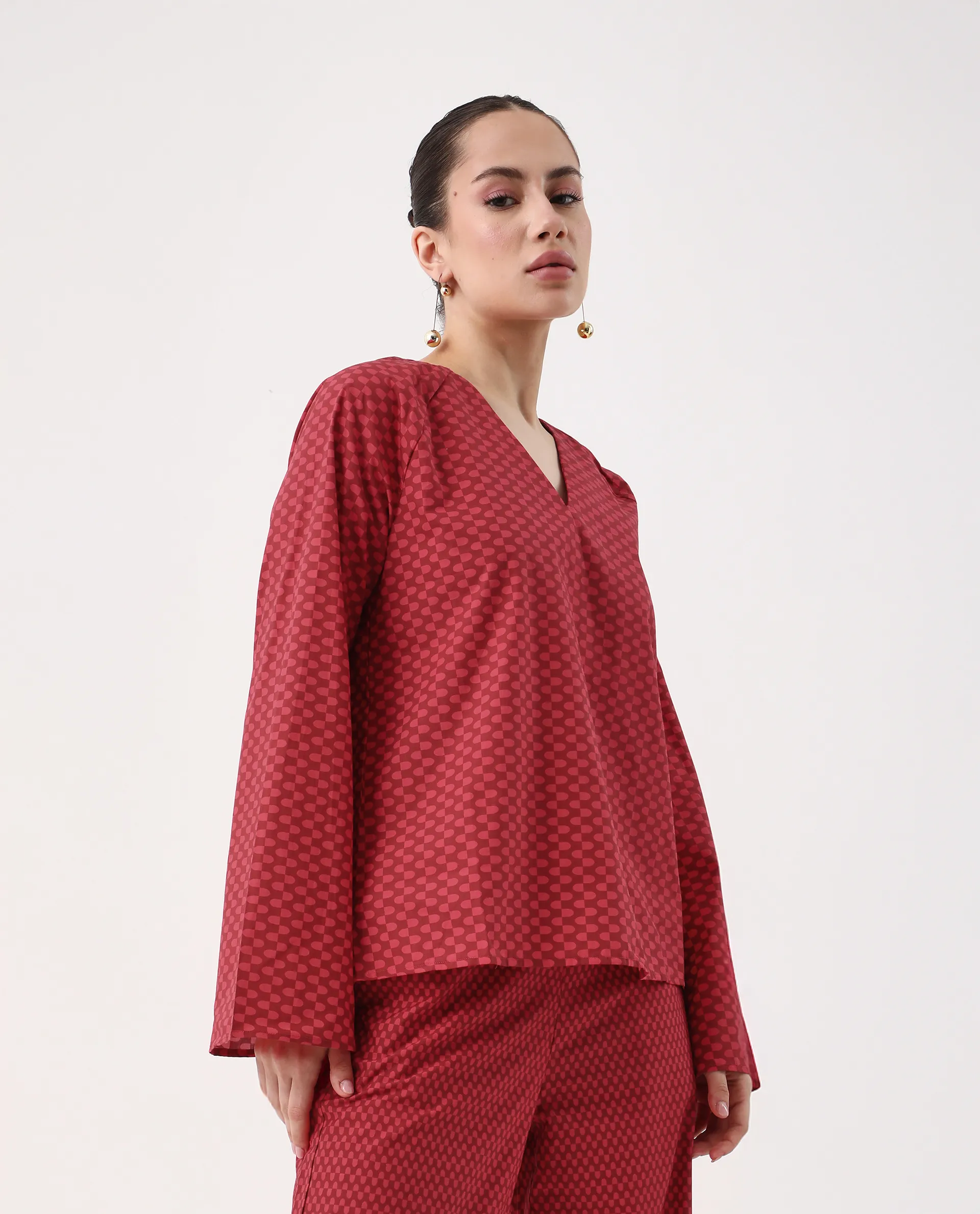 Rareism Women's Somkyu T Red Cotton Round Neck Geometric Print Raglan Sleeve Regular Fit Top - Image 5