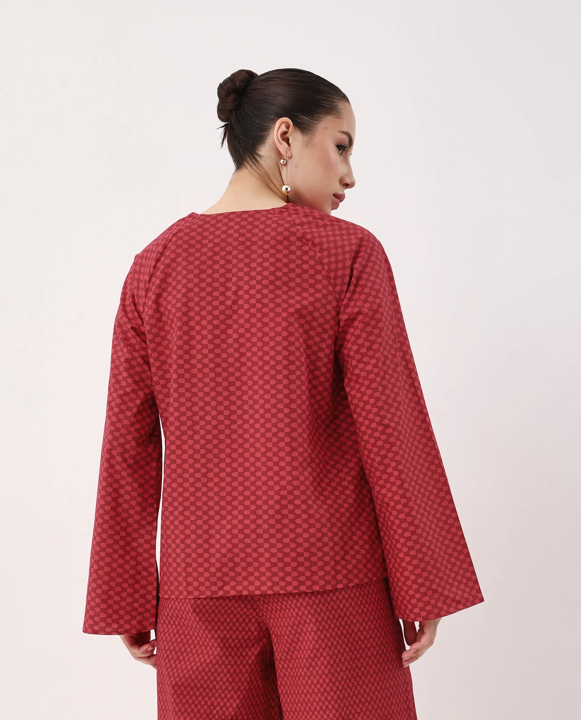 Rareism Women's Somkyu T Red Cotton Round Neck Geometric Print Raglan Sleeve Regular Fit Top - Image 6