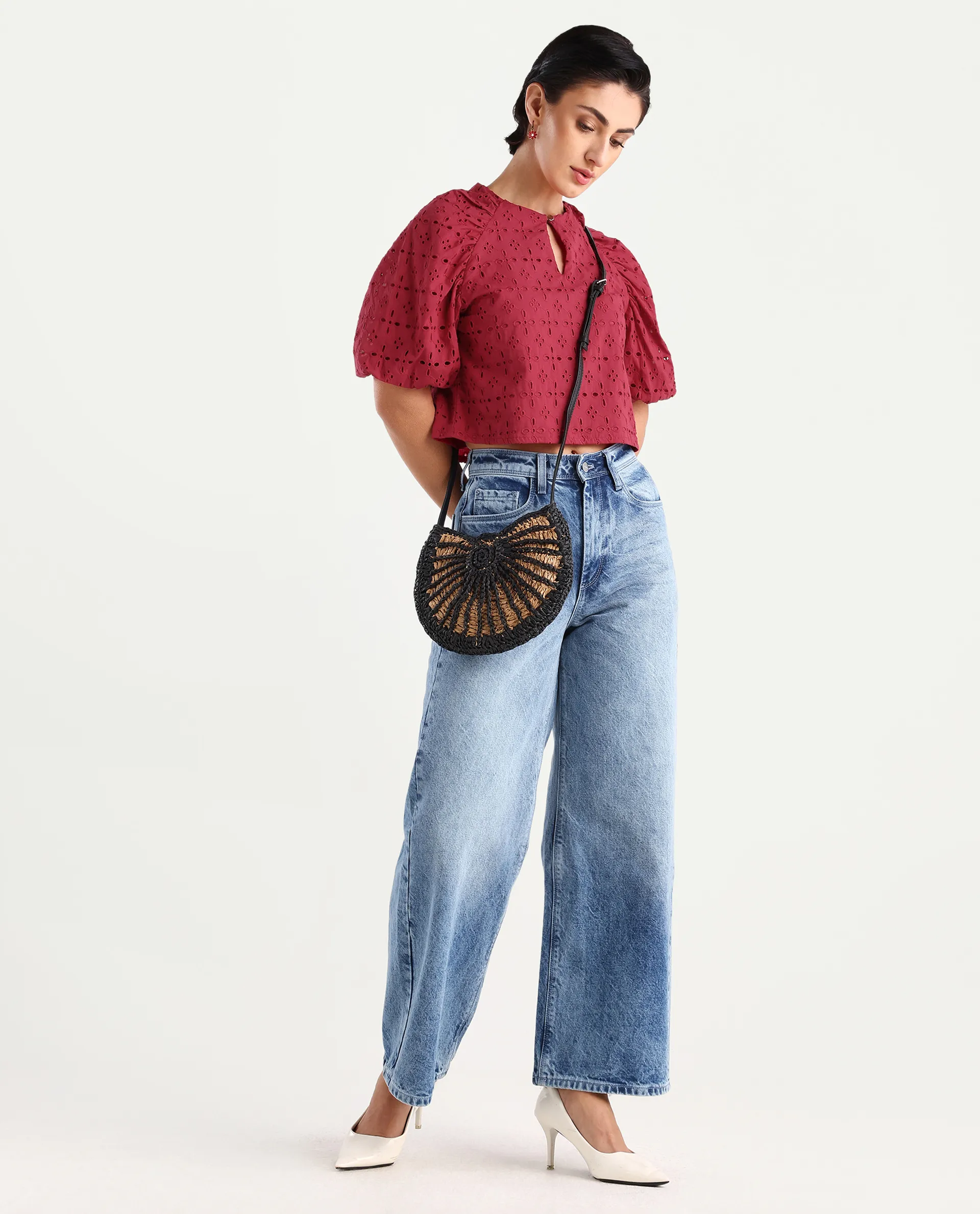 Rareism Women's Somli Dark Red Cotton Round Neck Schiffli Balloon Sleeve Crop Regular Fit Top - Image 2