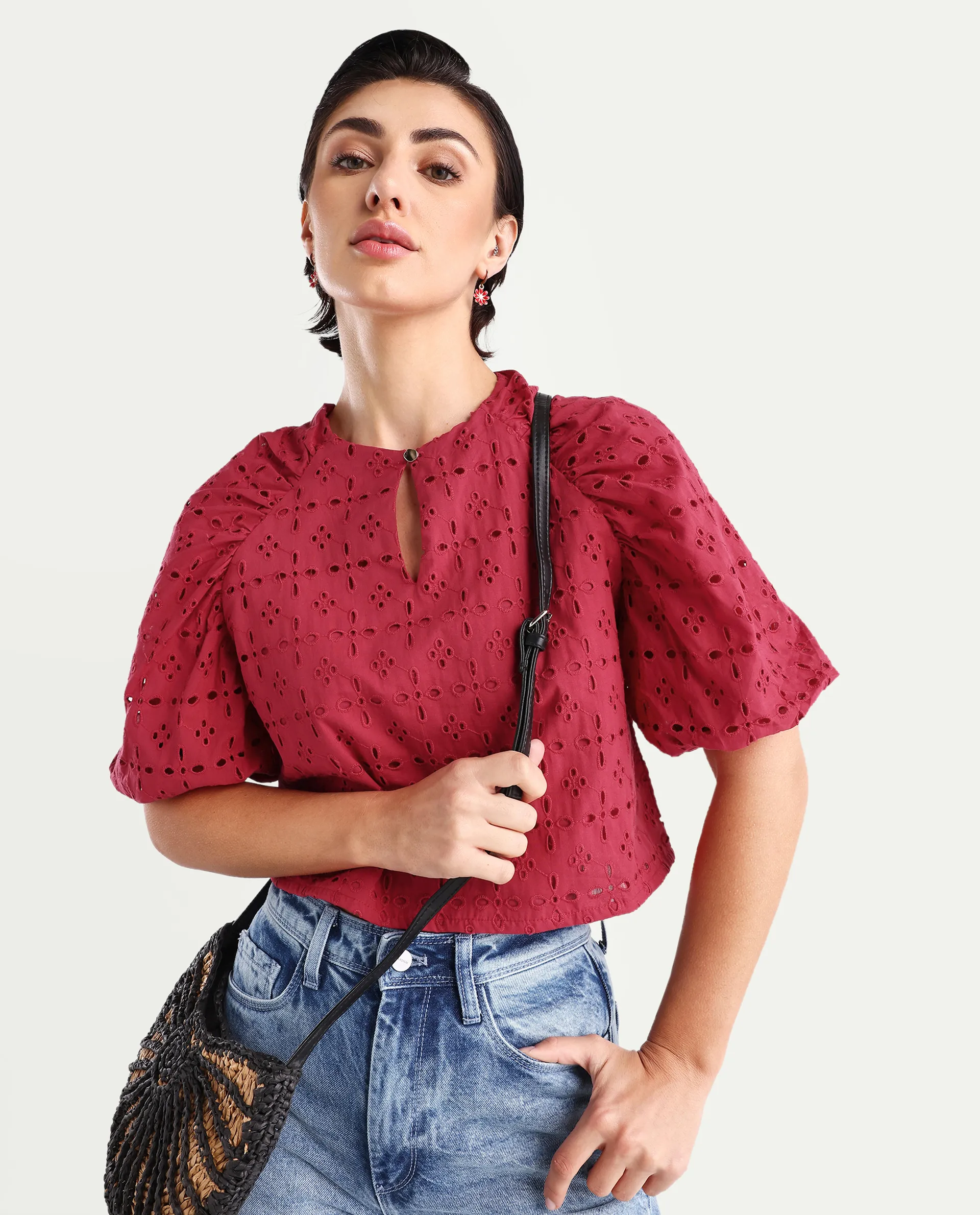 Rareism Women's Somli Dark Red Cotton Round Neck Schiffli Balloon Sleeve Crop Regular Fit Top - Image 3