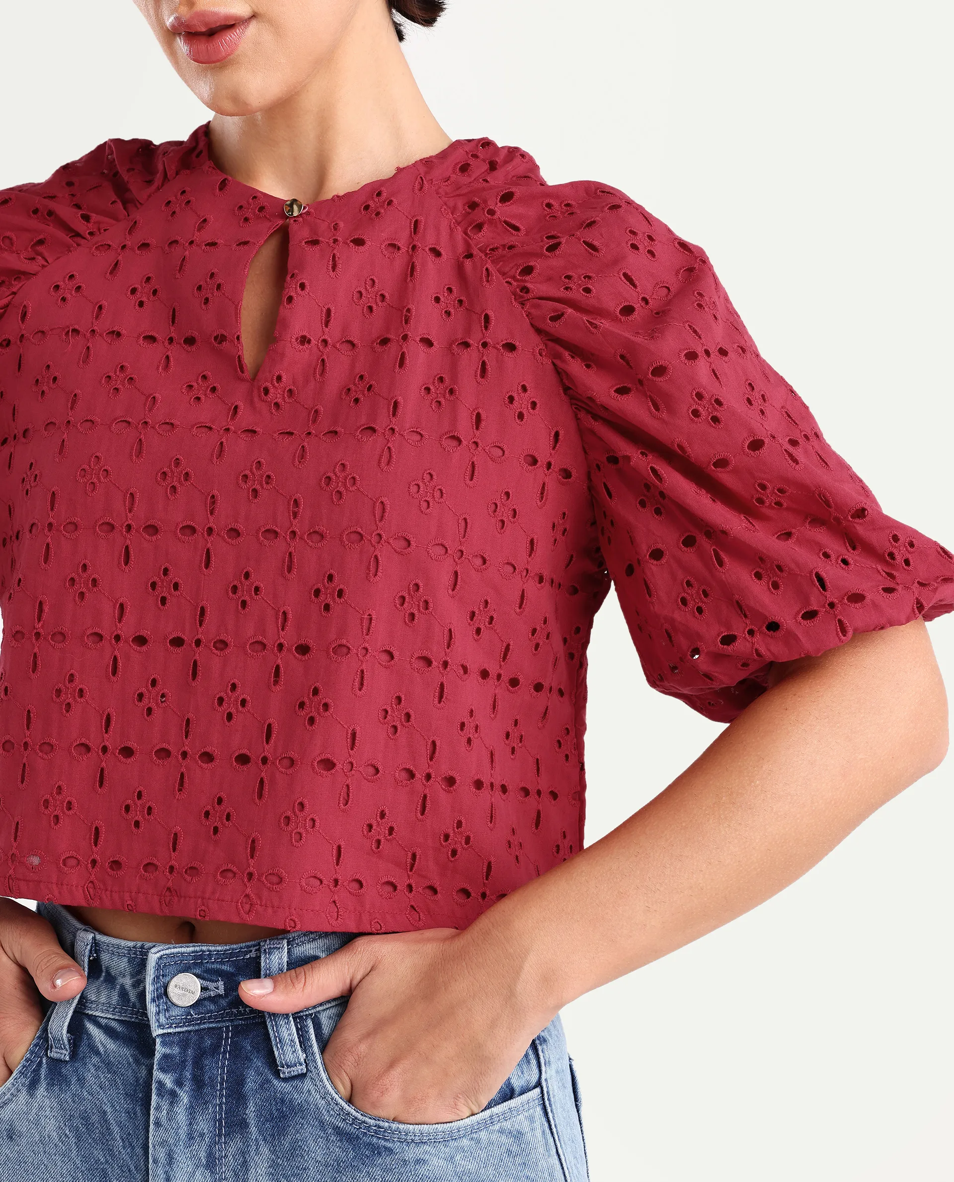 Rareism Women's Somli Dark Red Cotton Round Neck Schiffli Balloon Sleeve Crop Regular Fit Top - Image 4