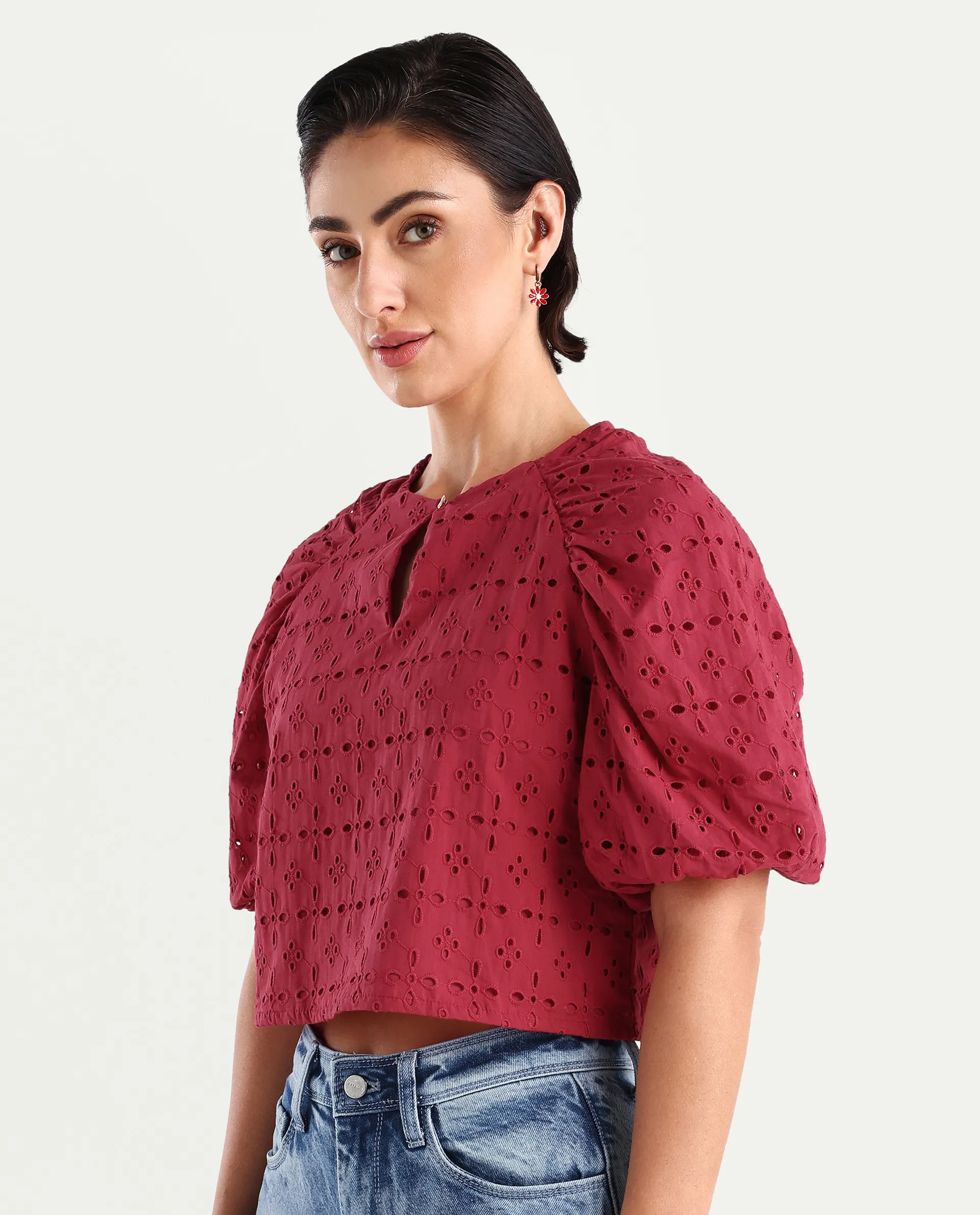 Rareism Women's Somli Dark Red Cotton Round Neck Schiffli Balloon Sleeve Crop Regular Fit Top - Image 5