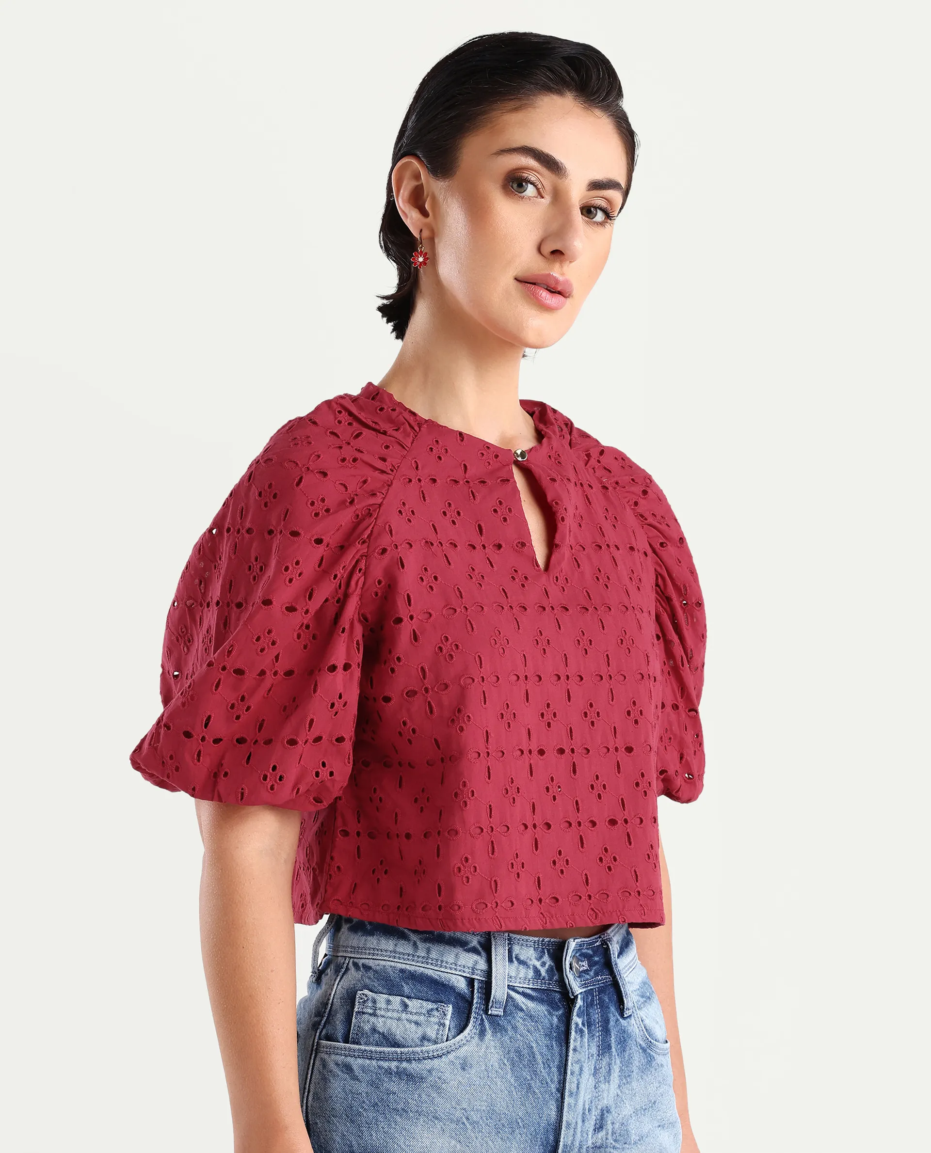 Rareism Women's Somli Dark Red Cotton Round Neck Schiffli Balloon Sleeve Crop Regular Fit Top - Image 6