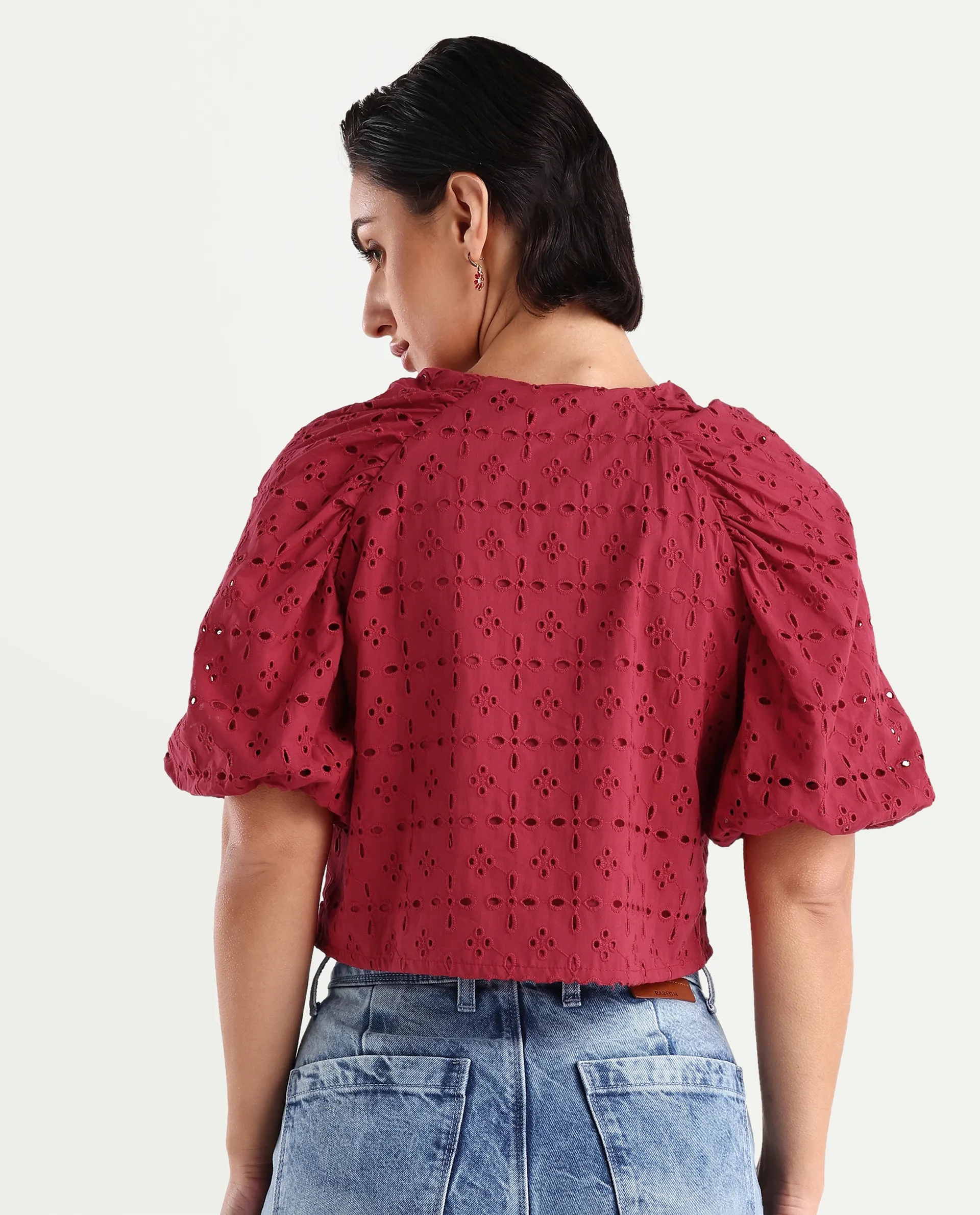 Rareism Women's Somli Dark Red Cotton Round Neck Schiffli Balloon Sleeve Crop Regular Fit Top - Image 7
