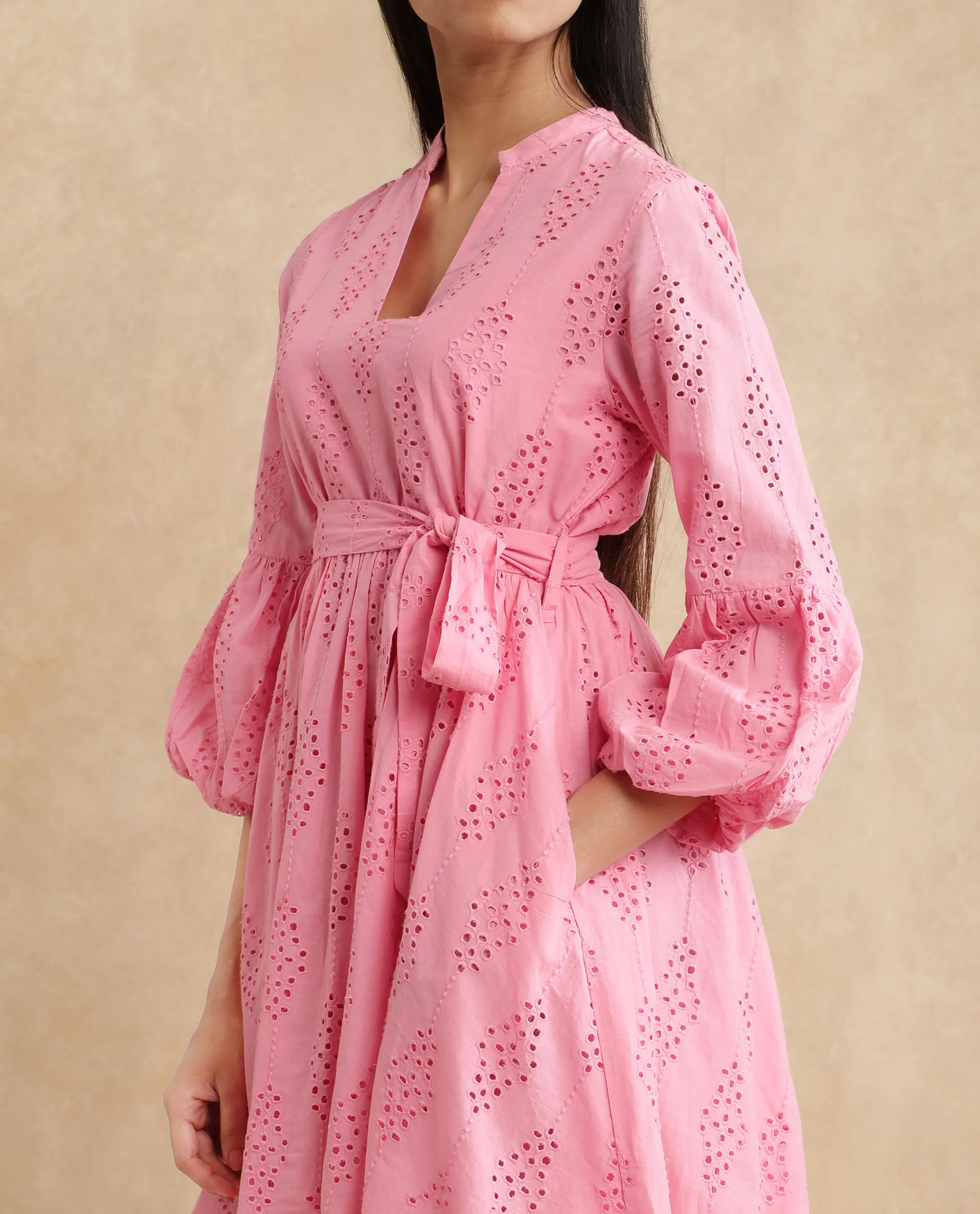 Rareism Women's Somlia Light Pink Cotton V-Neck Schiffli Bishop Sleeve Mini Fit And Flare Dress - Image 3
