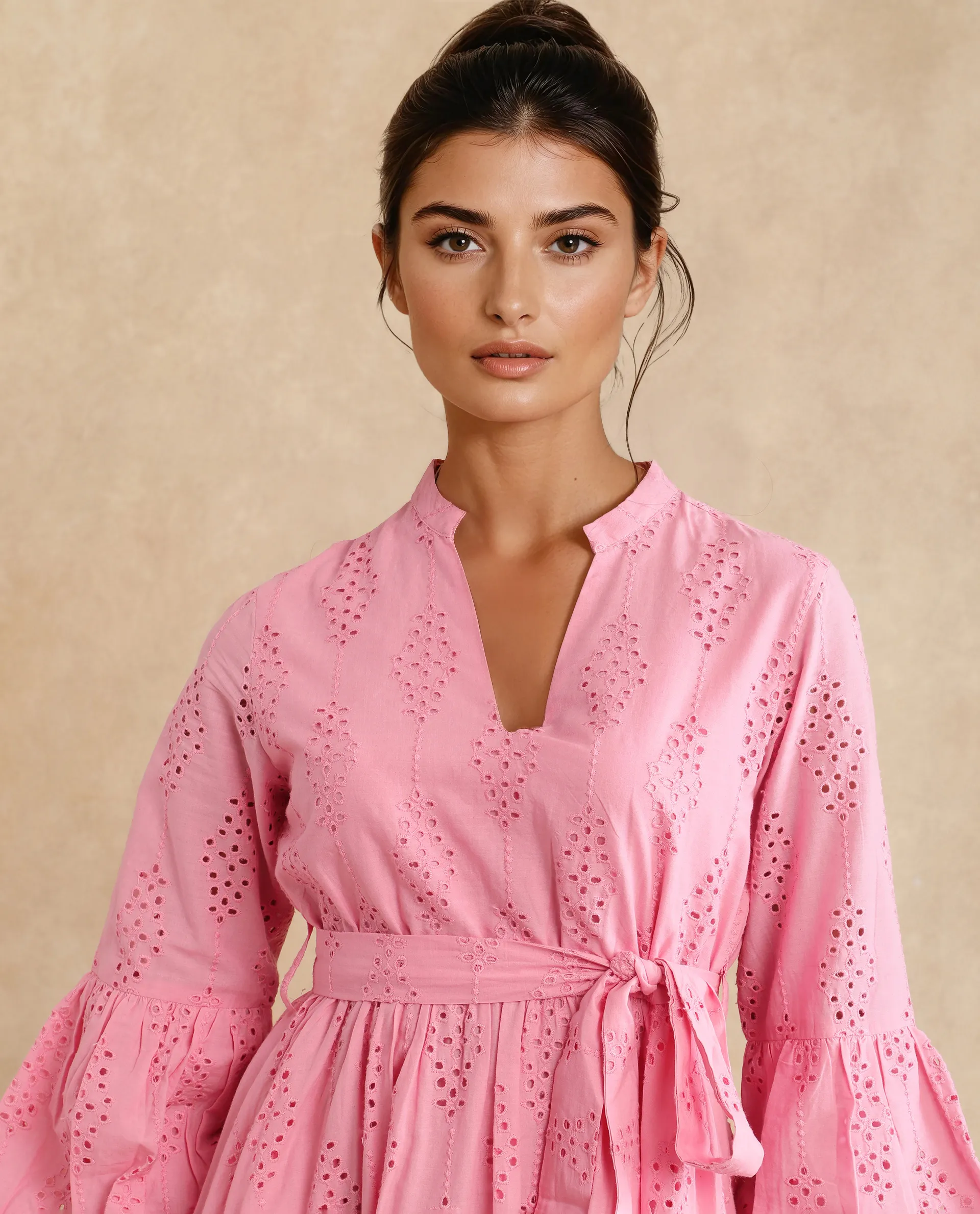 Rareism Women's Somlia Light Pink Cotton V-Neck Schiffli Bishop Sleeve Mini Fit And Flare Dress - Image 4