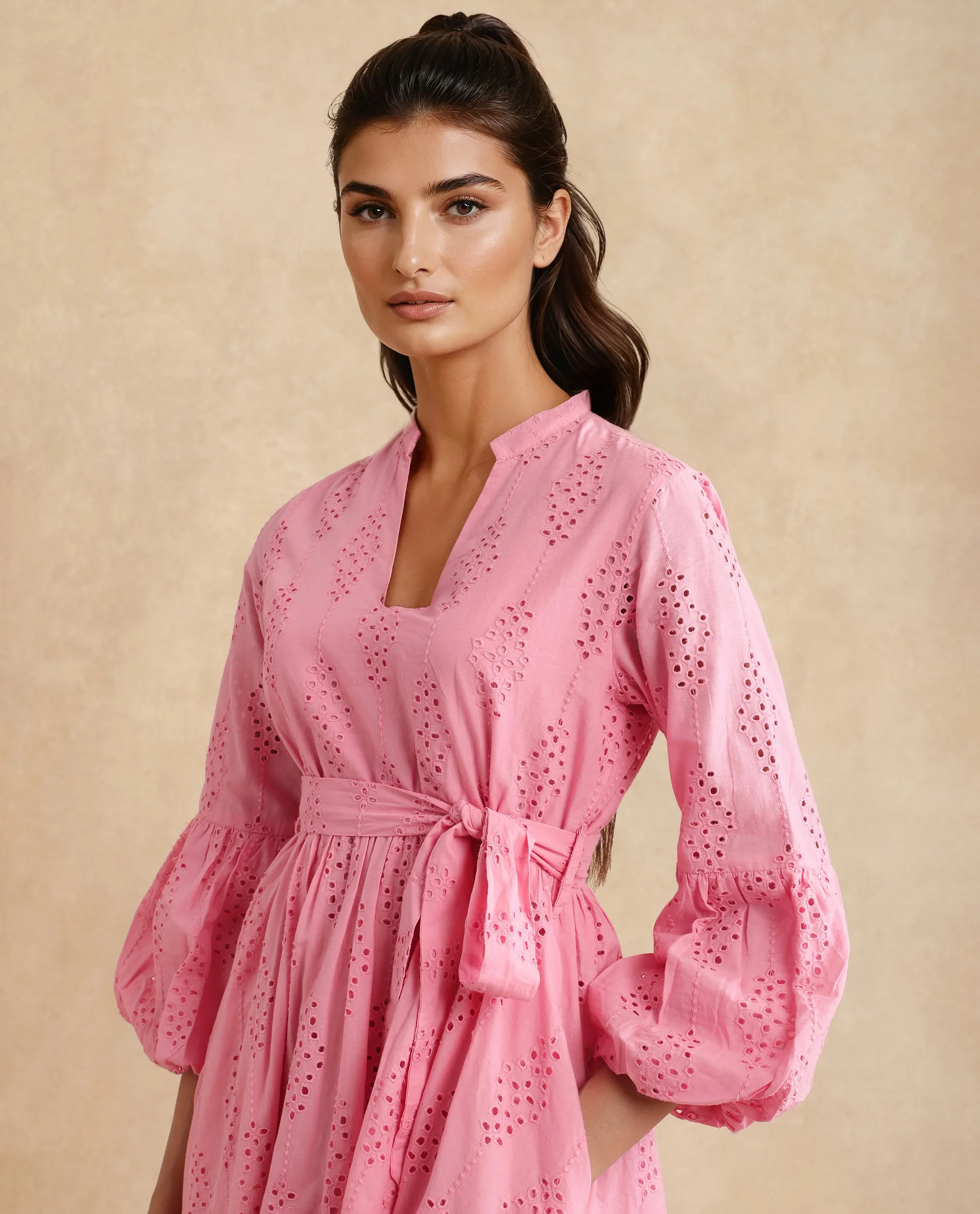 Rareism Women's Somlia Light Pink Cotton V-Neck Schiffli Bishop Sleeve Mini Fit And Flare Dress - Image 5