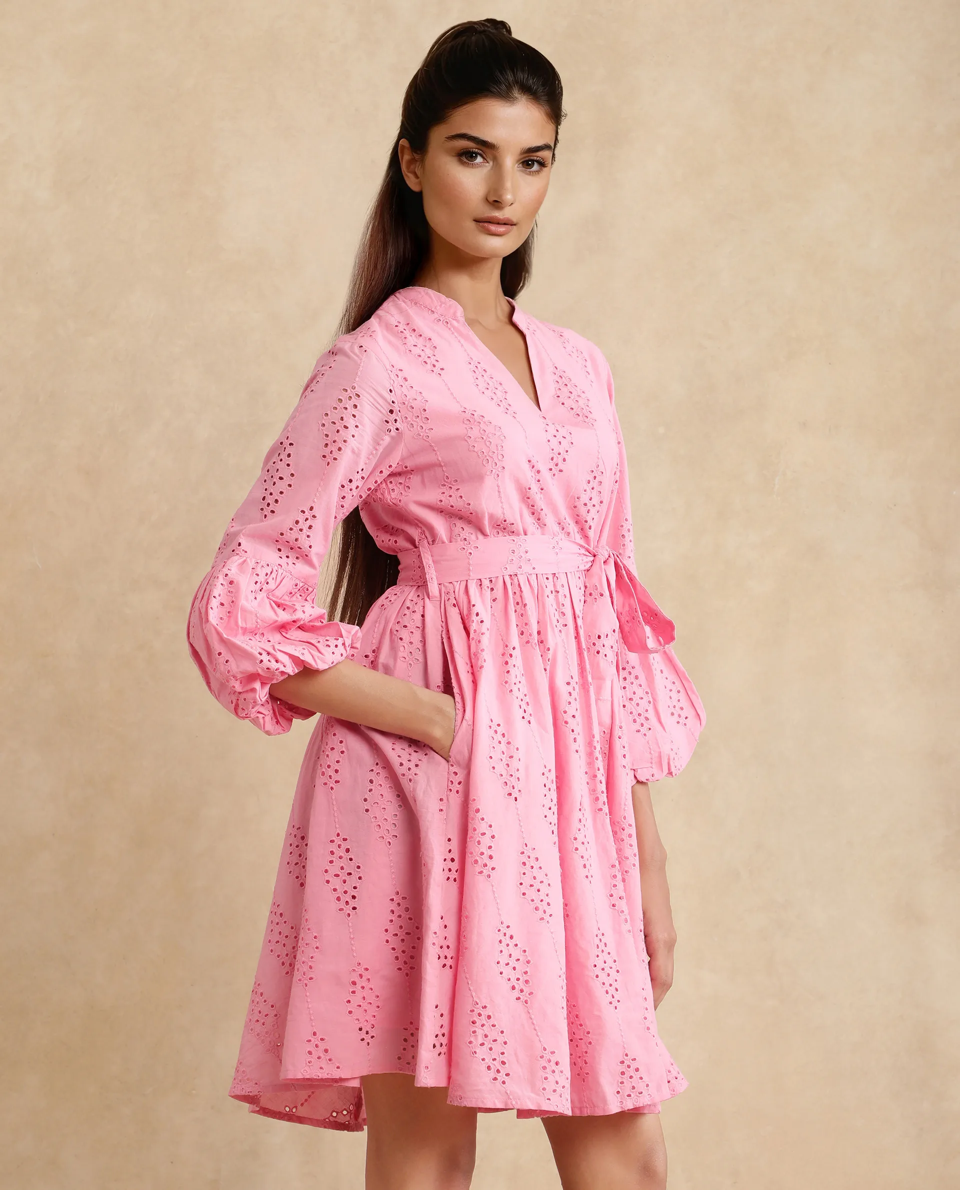 Rareism Women's Somlia Light Pink Cotton V-Neck Schiffli Bishop Sleeve Mini Fit And Flare Dress - Image 6