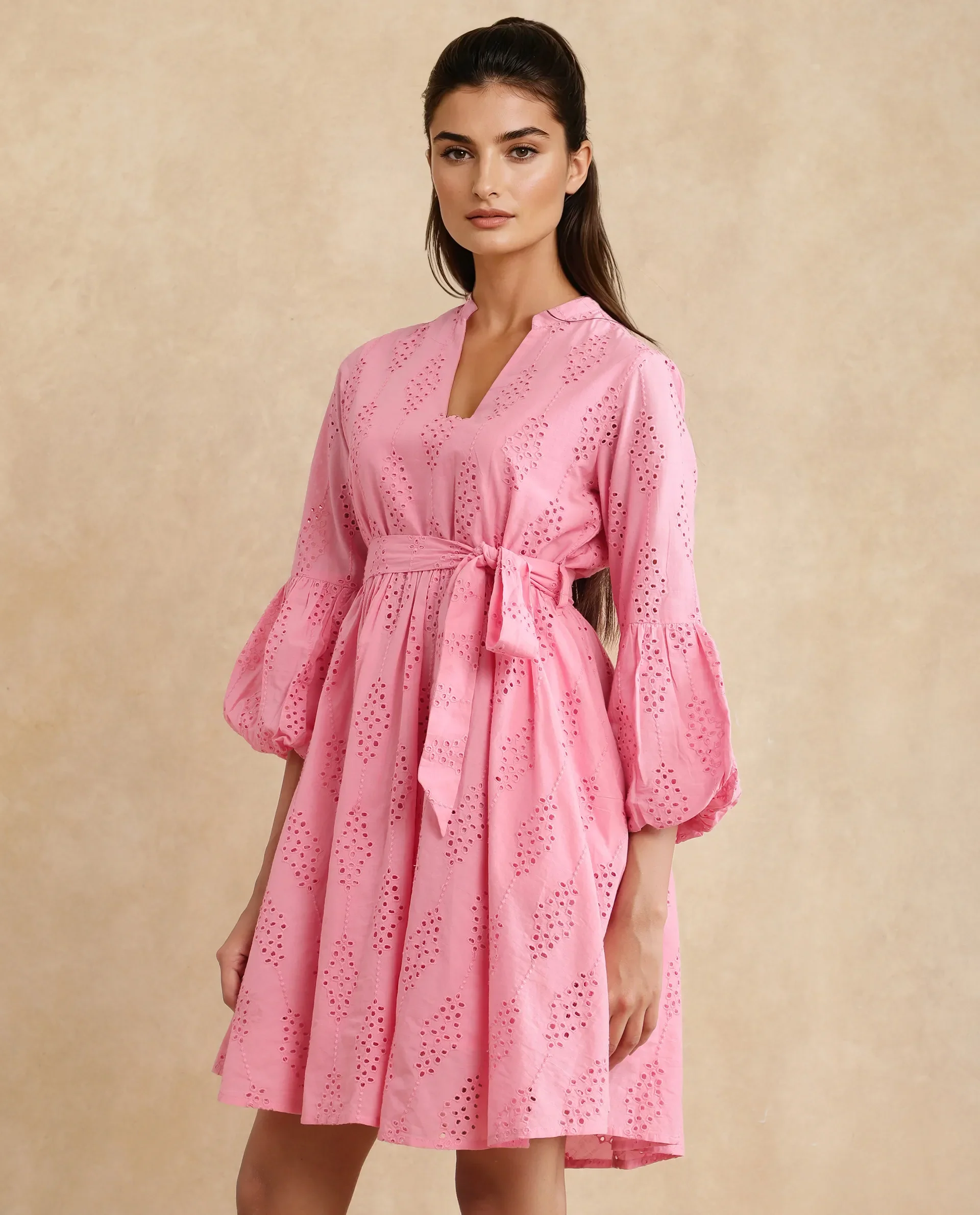 Rareism Women's Somlia Light Pink Cotton V-Neck Schiffli Bishop Sleeve Mini Fit And Flare Dress - Image 7