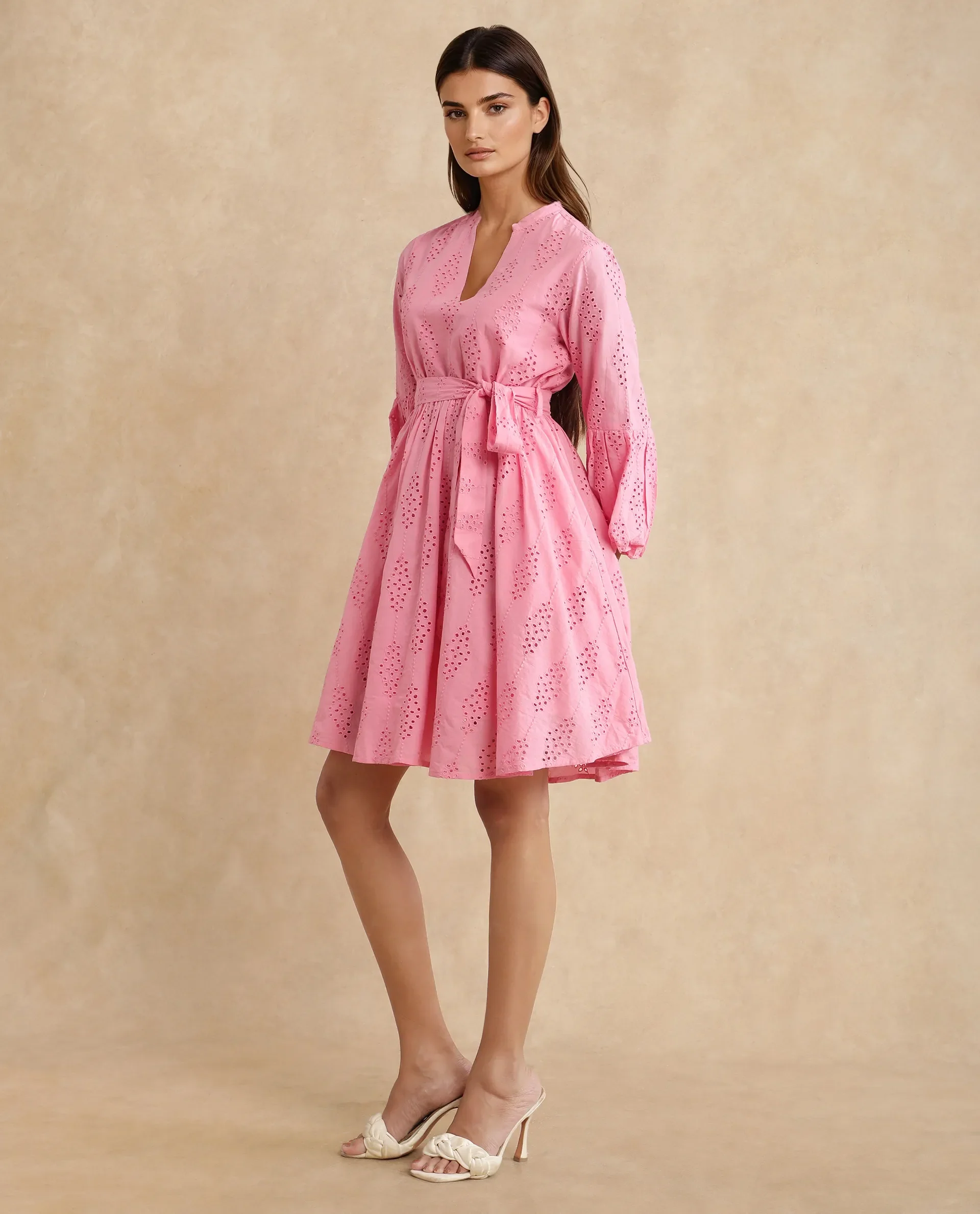 Rareism Women's Somlia Light Pink Cotton V-Neck Schiffli Bishop Sleeve Mini Fit And Flare Dress - Image 8