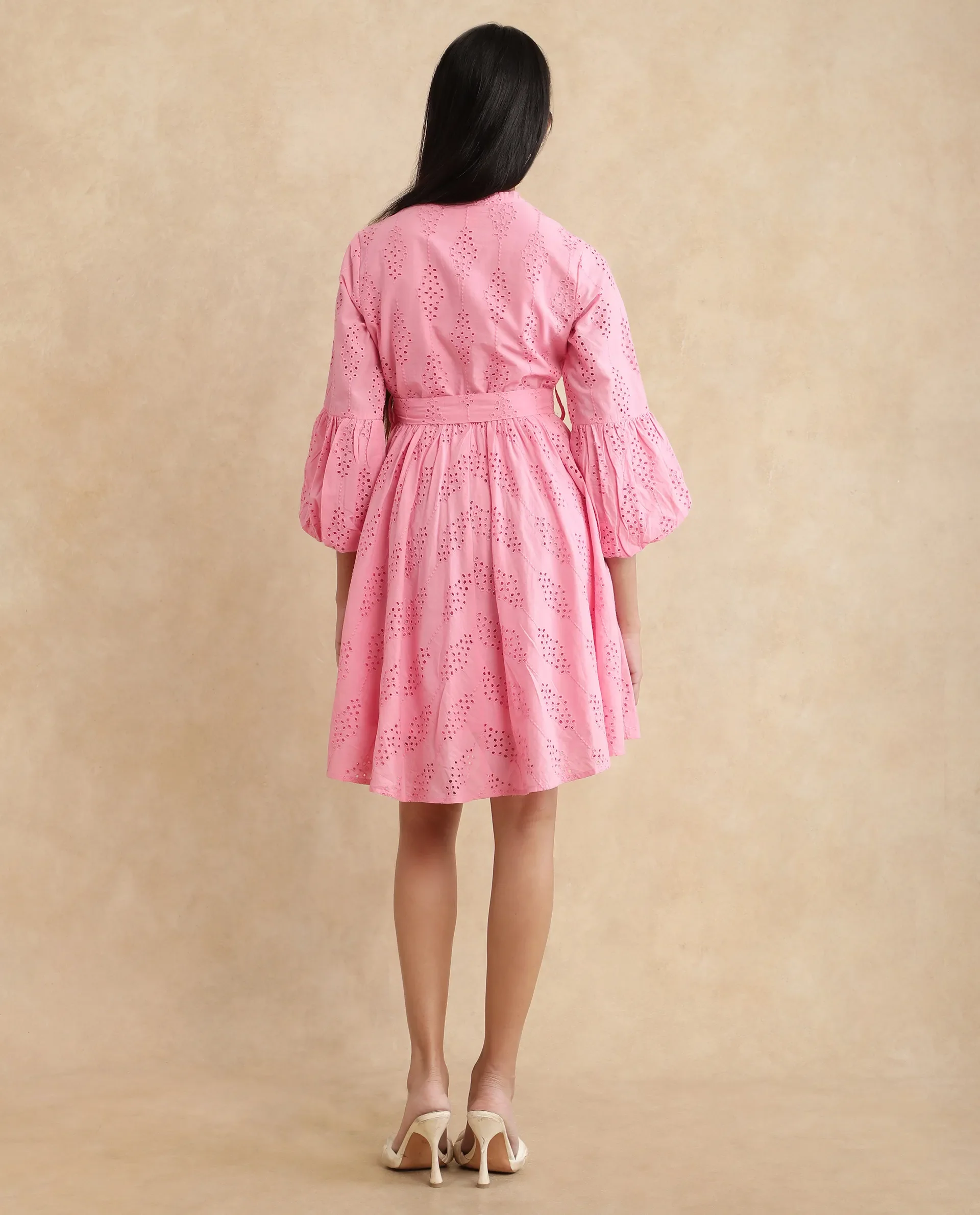 Rareism Women's Somlia Light Pink Cotton V-Neck Schiffli Bishop Sleeve Mini Fit And Flare Dress - Image 9