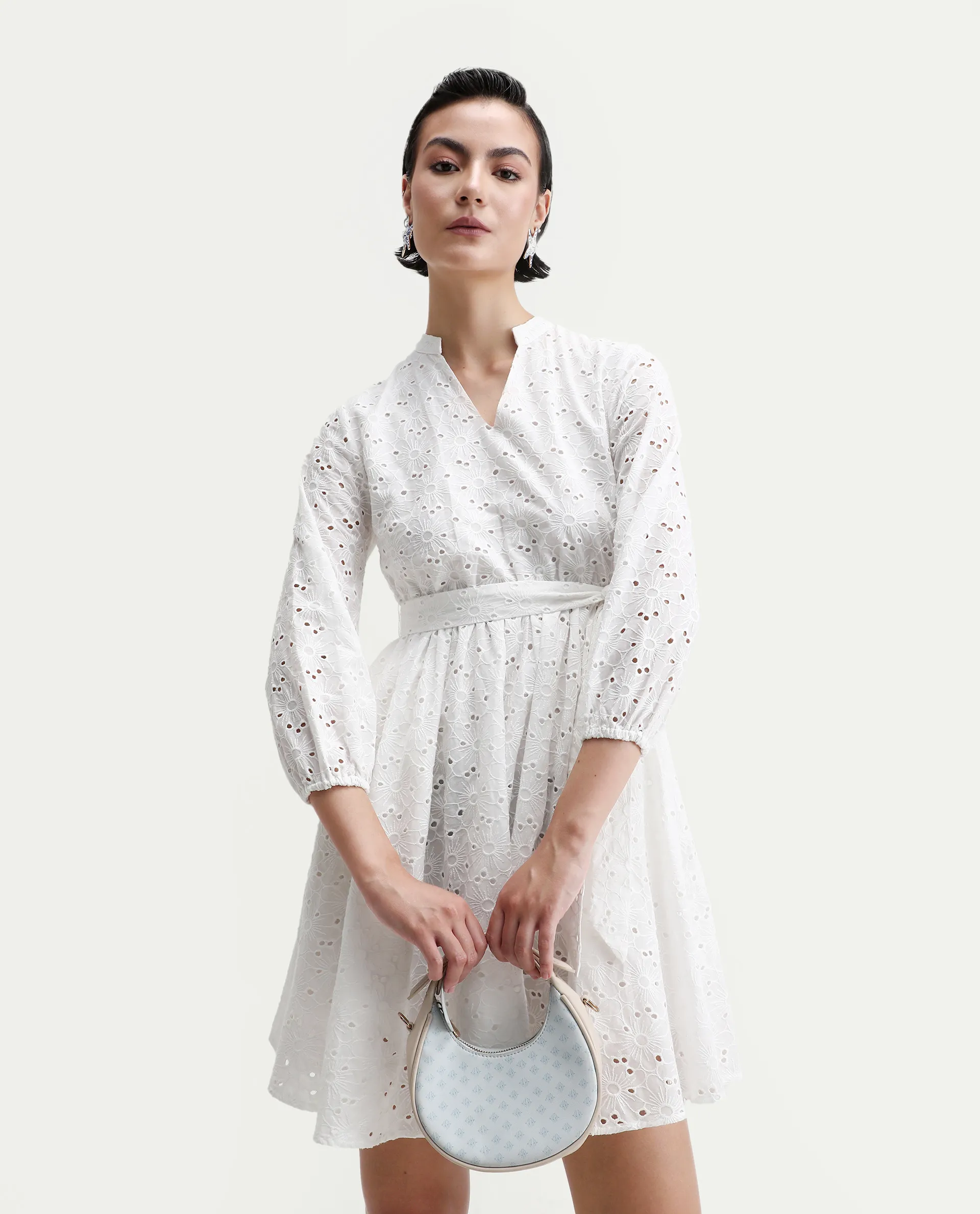 Rareism Women's Somliao White Cotton V-Neck Plain Bishop Sleeve Mini Flared Dress