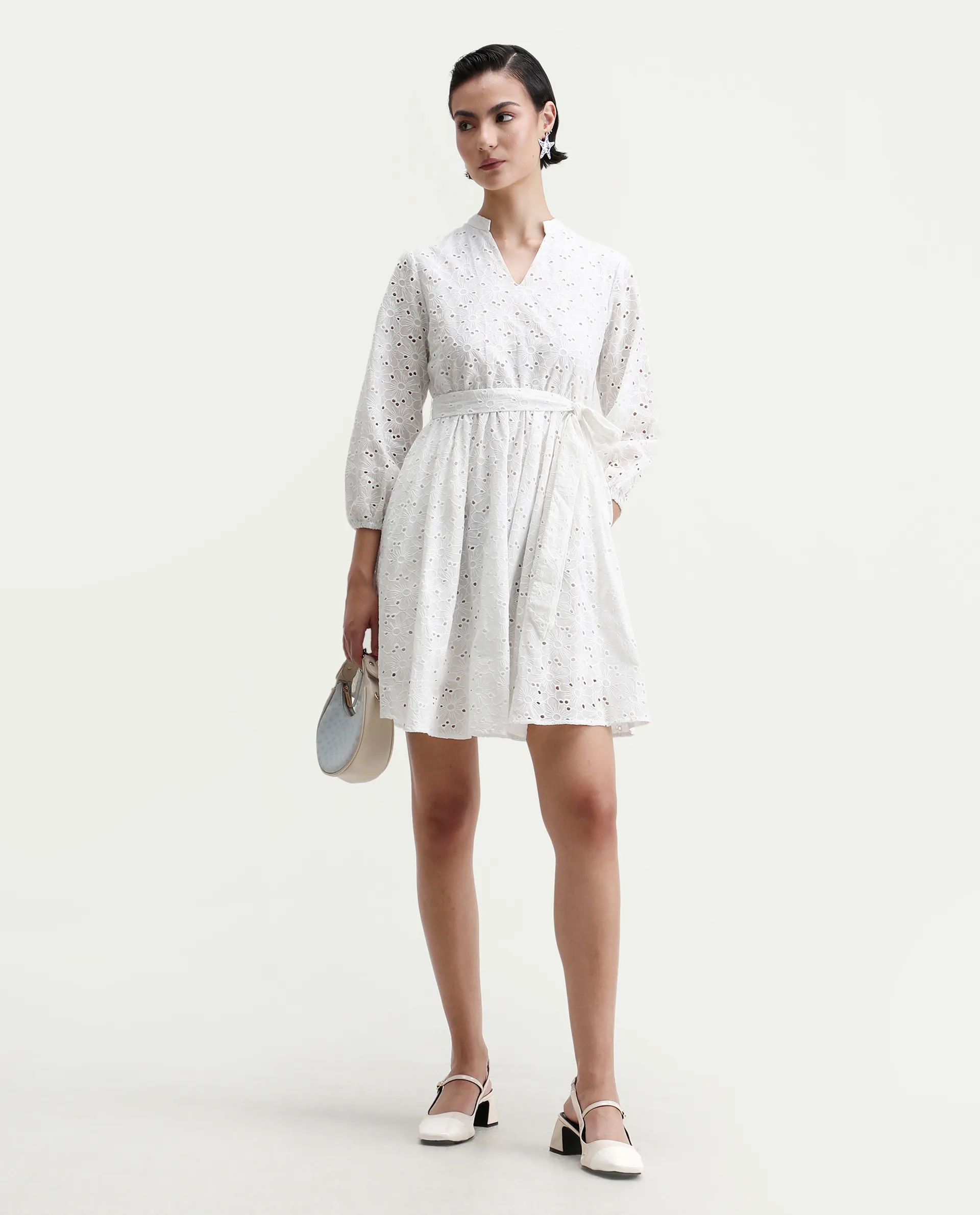 Rareism Women's Somliao White Cotton V-Neck Plain Bishop Sleeve Mini Flared Dress - Image 2