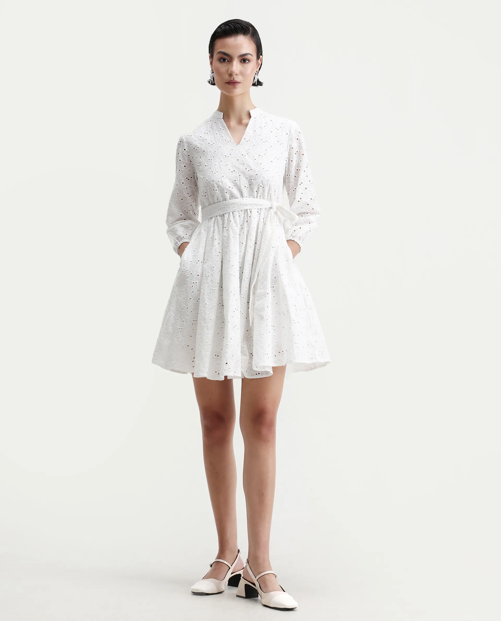 Rareism Women's Somliao White Cotton V-Neck Plain Bishop Sleeve Mini Flared Dress - Image 3