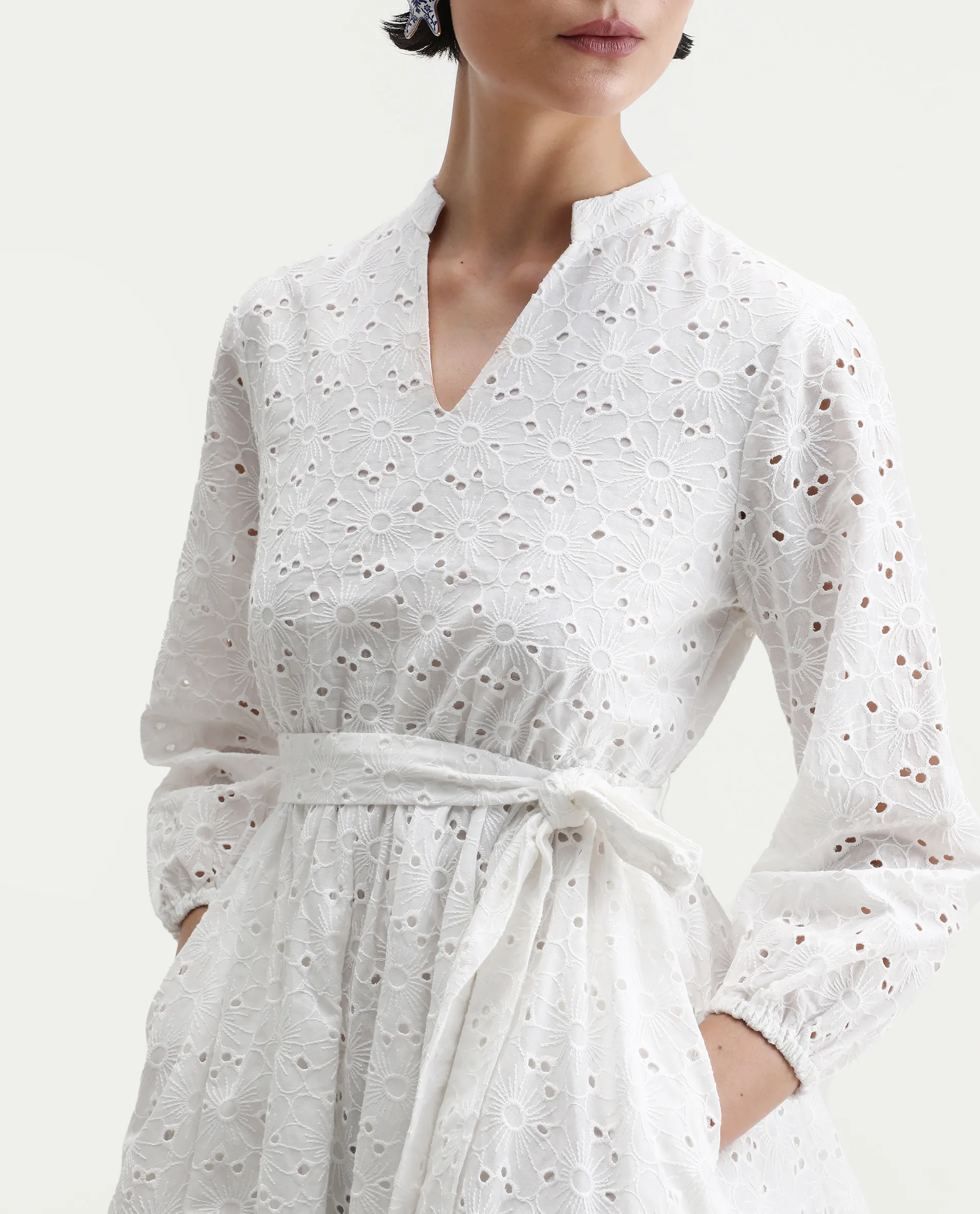 Rareism Women's Somliao White Cotton V-Neck Plain Bishop Sleeve Mini Flared Dress - Image 4