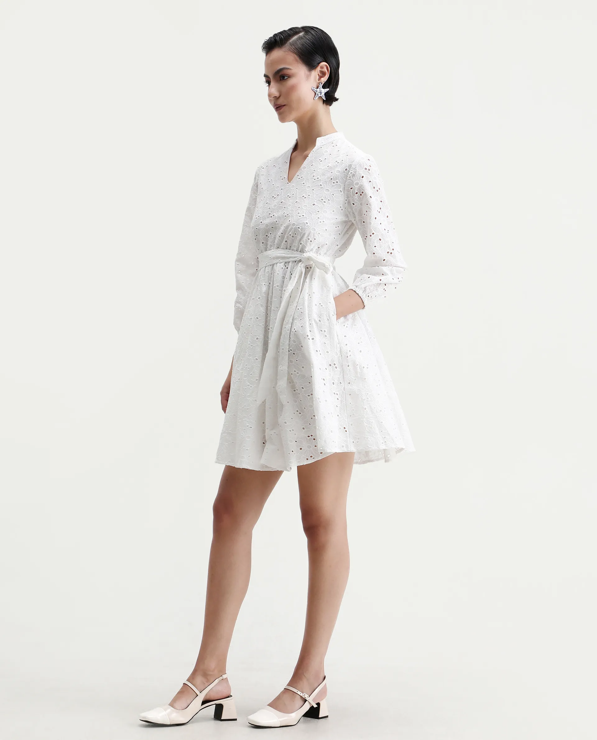 Rareism Women's Somliao White Cotton V-Neck Plain Bishop Sleeve Mini Flared Dress - Image 5