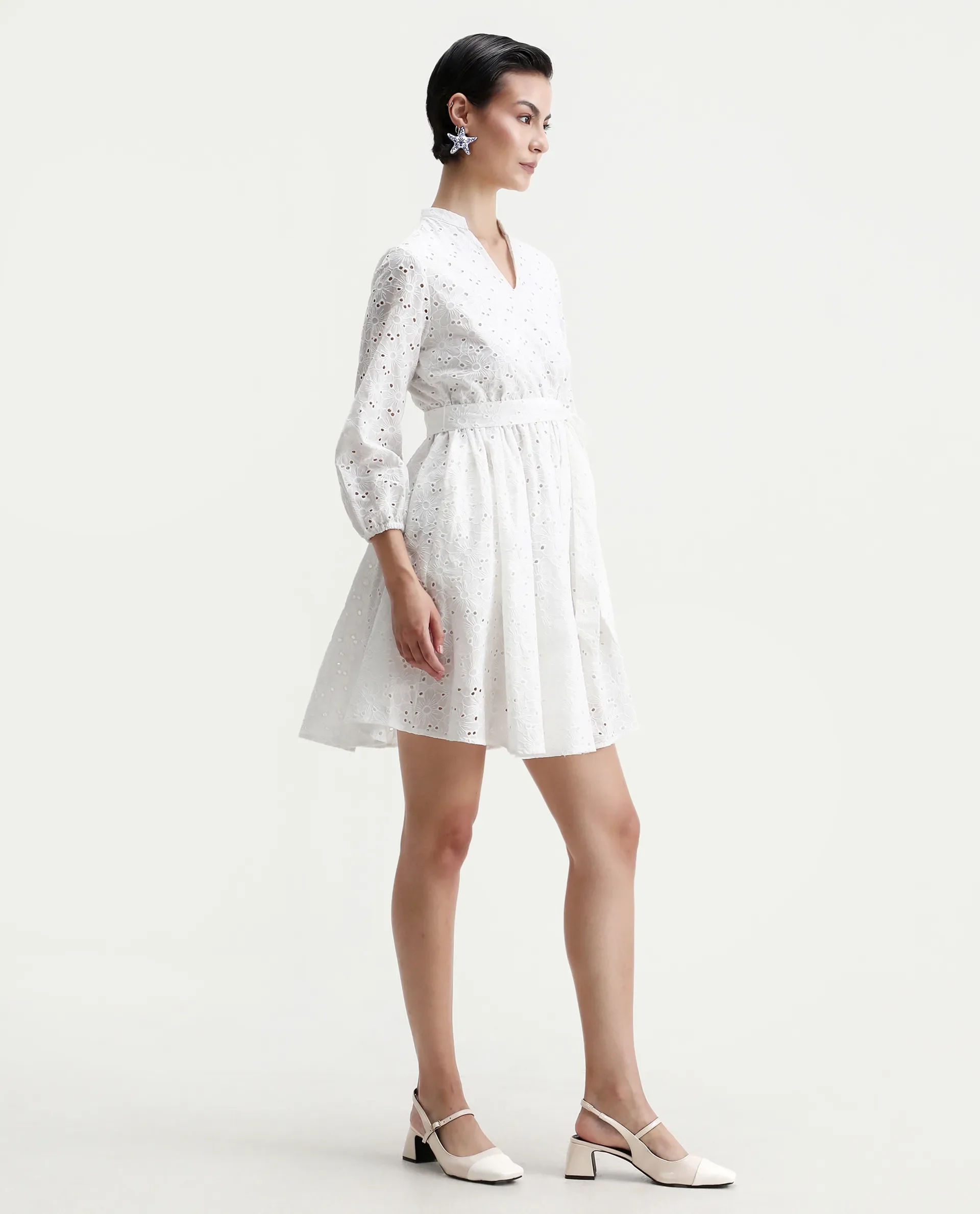 Rareism Women's Somliao White Cotton V-Neck Plain Bishop Sleeve Mini Flared Dress - Image 6