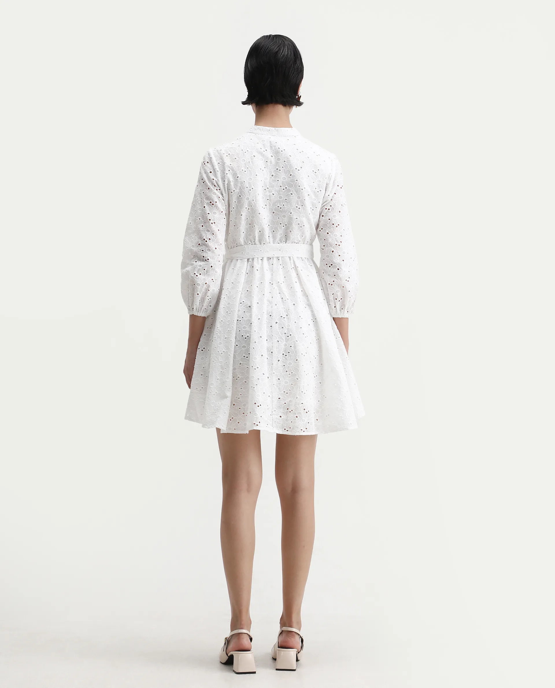 Rareism Women's Somliao White Cotton V-Neck Plain Bishop Sleeve Mini Flared Dress - Image 7
